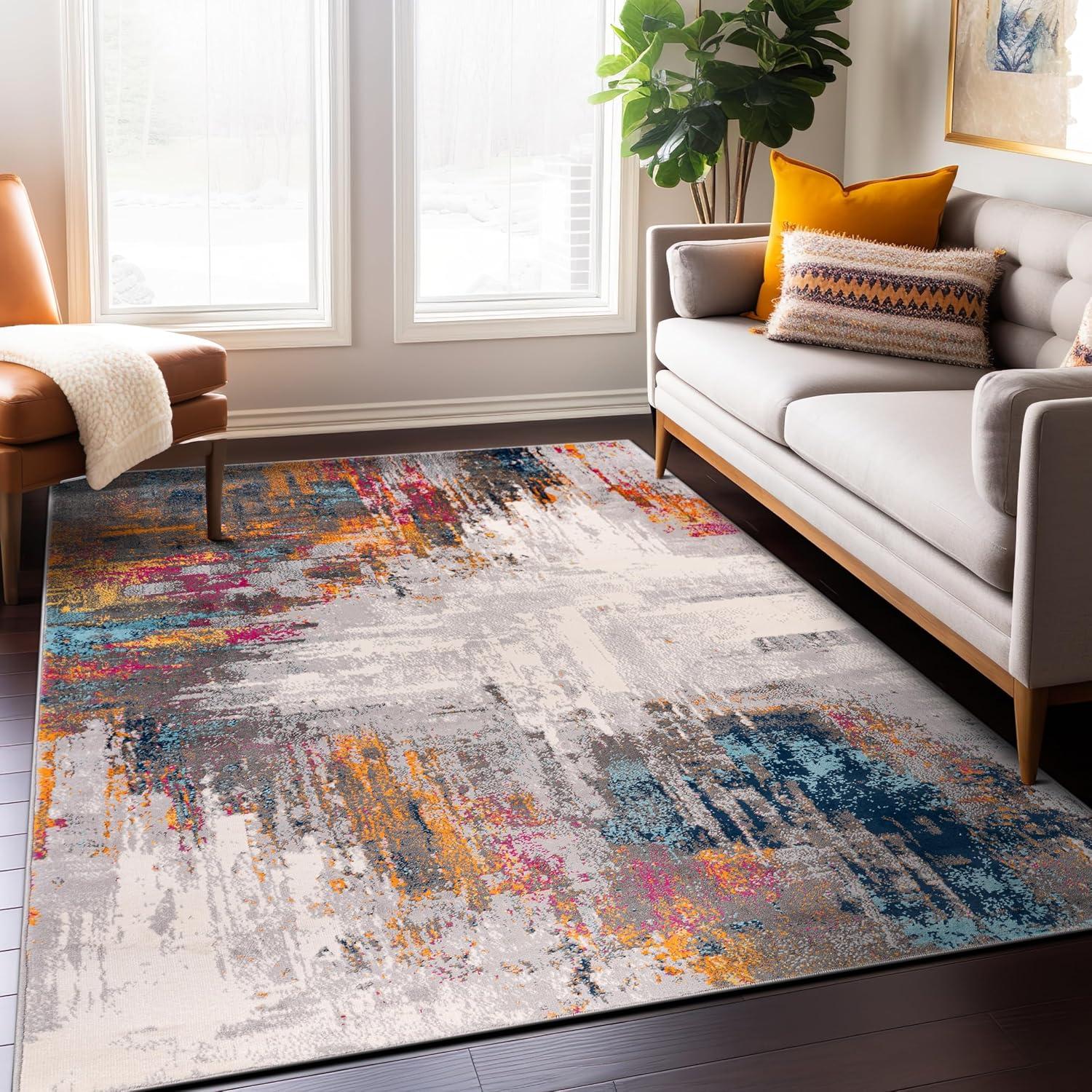 imageRugshop Basel Contemporary Abstract Art Stain Resistant Soft Area Rug 5 x 7 BlackMulti Color
