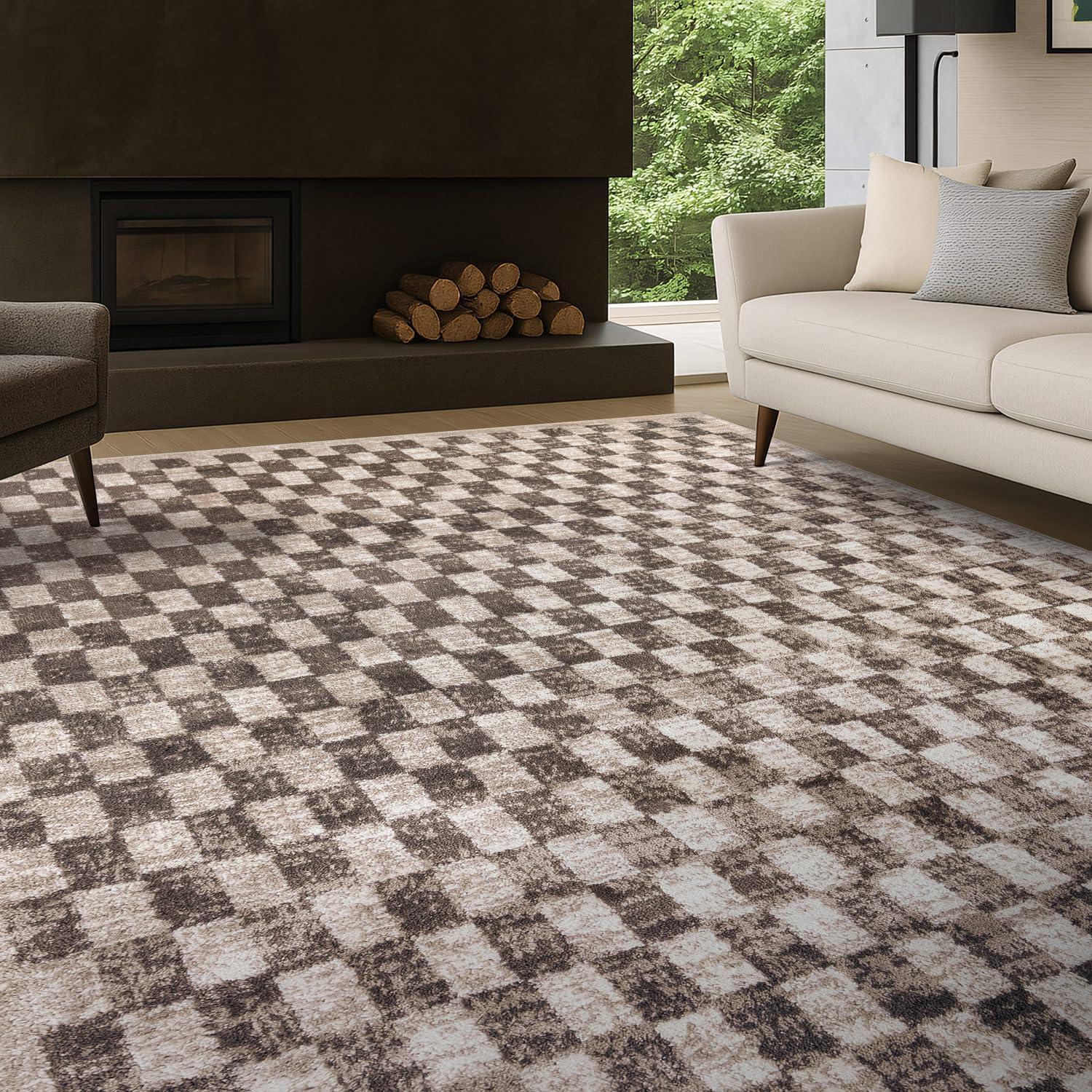 imageRugshop Black and White Checkered Area Rug  HighContrast Grid Pattern Carpet for Living Room Bedroom or Dorm  Trendy Contemporary Soft Floor Dcor 5 x 7 BlackBeige