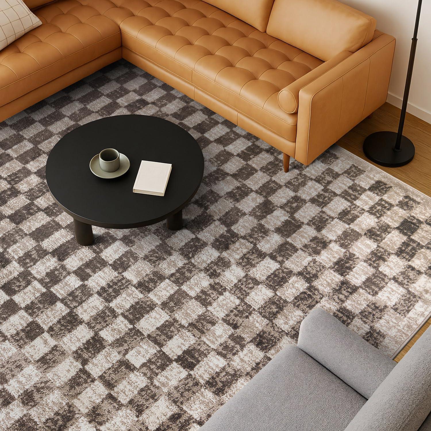 imageRugshop Black and White Checkered Area Rug  HighContrast Grid Pattern Carpet for Living Room Bedroom or Dorm  Trendy Contemporary Soft Floor Dcor 5 x 7 BlackBeige