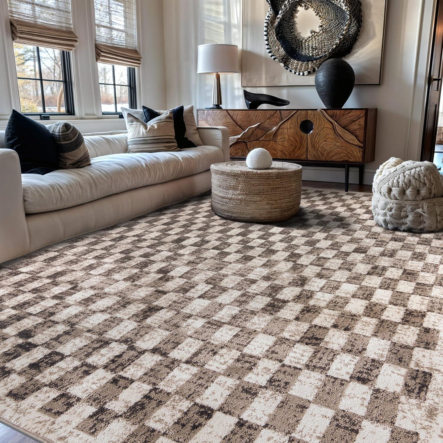 imageRugshop Black and White Checkered Area Rug  HighContrast Grid Pattern Carpet for Living Room Bedroom or Dorm  Trendy Contemporary Soft Floor Dcor 5 x 7 BlackBeige