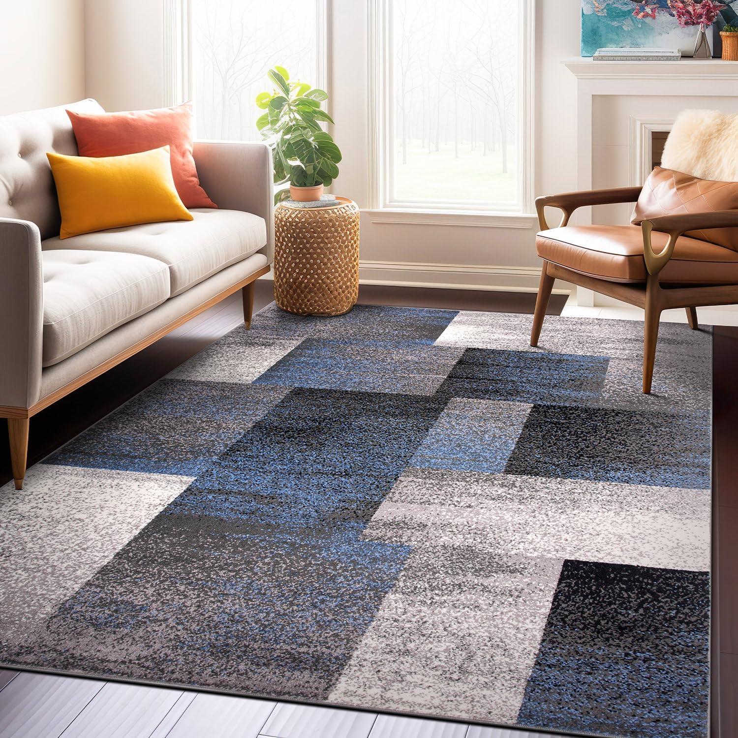 imageRugshop Blue Modern Distressed Boxes Area Rug NonShedding for Living Room Bedroom and Dining Room 5 x 7Blue