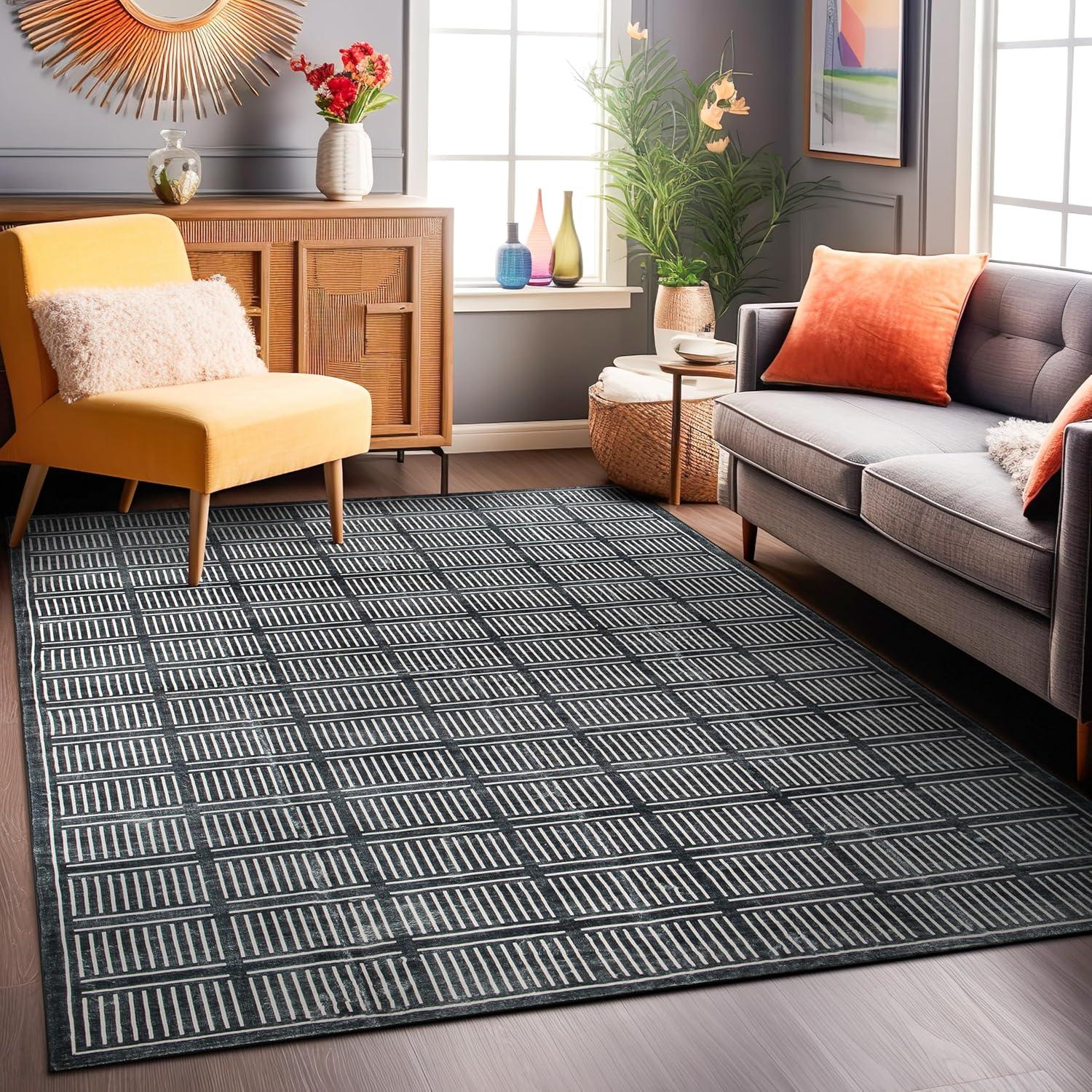 imageRugshop Bohemian Stripe Lines Washable Non Slip Area Rug 5 x 7 IvoryBlack