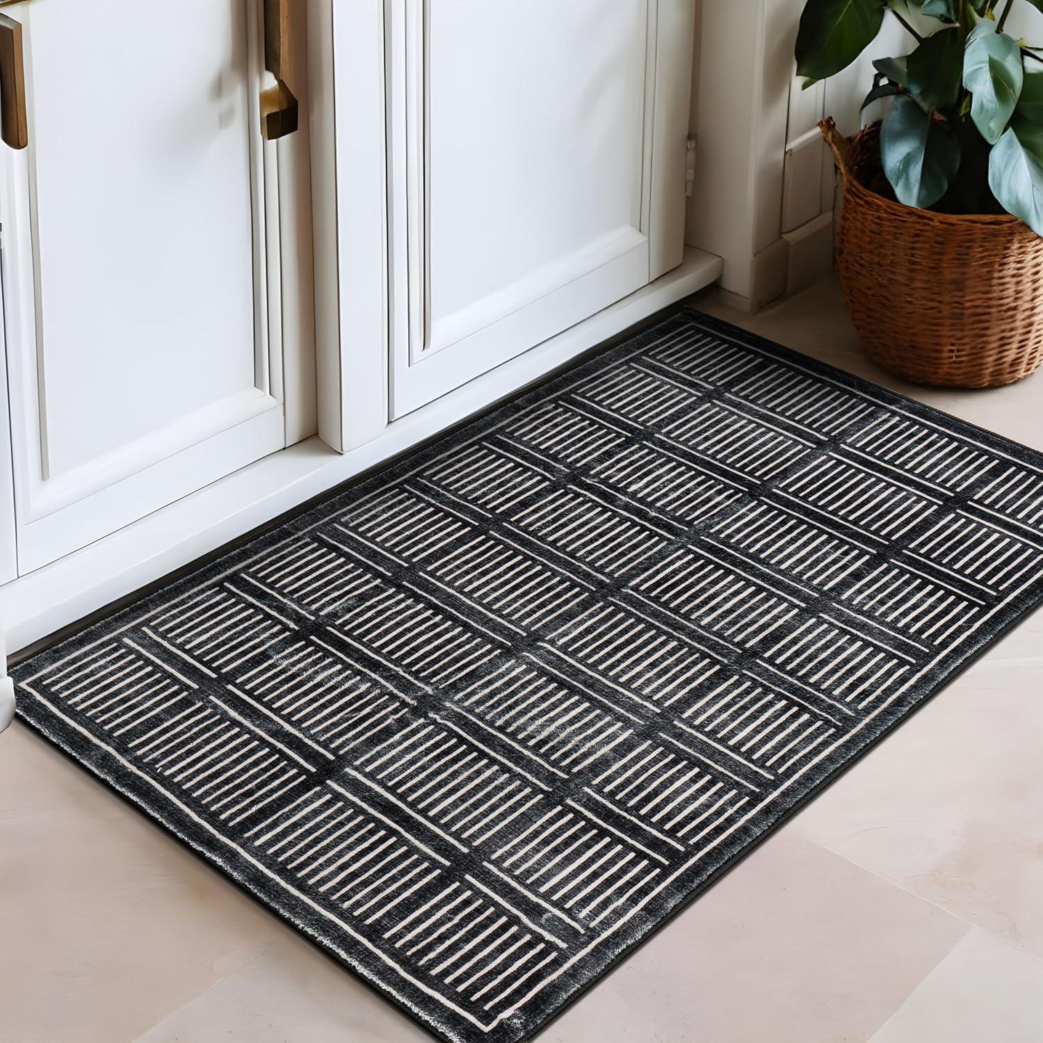 imageRugshop Bohemian Stripe Lines Washable Non Slip Area Rug 5 x 7 IvoryBlack