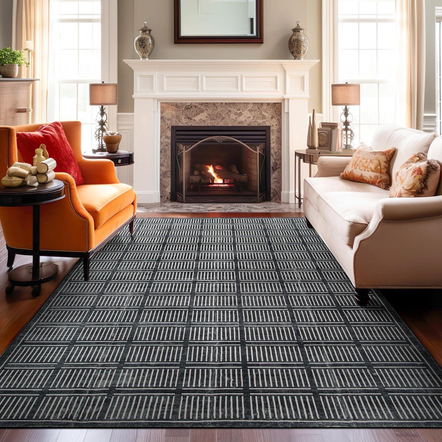 imageRugshop Bohemian Stripe Lines Washable Non Slip Area Rug 5 x 7 IvoryBlack