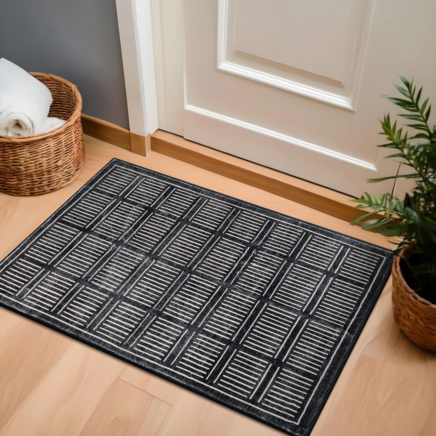 imageRugshop Bohemian Stripe Lines Washable Non Slip Area Rug 5 x 7 IvoryBlack