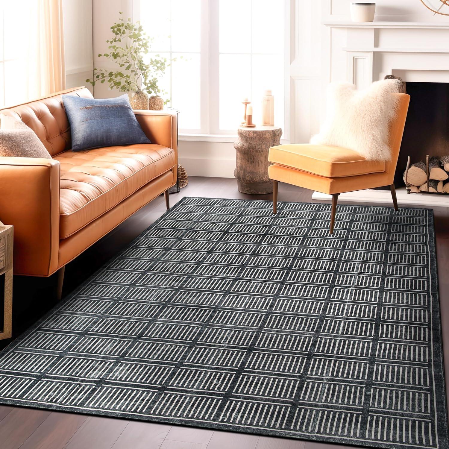 imageRugshop Bohemian Stripe Lines Washable Non Slip Area Rug 5 x 7 IvoryBlack