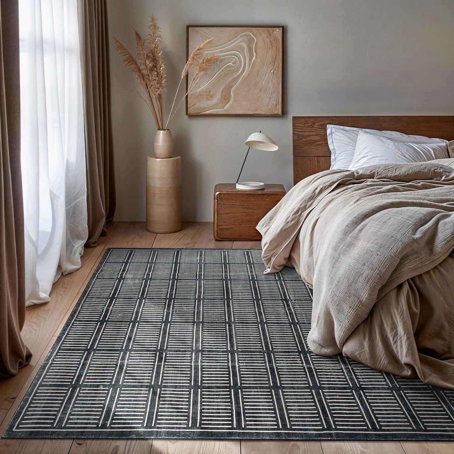 imageRugshop Bohemian Stripe Lines Washable Non Slip Area Rug 5 x 7 IvoryBlack