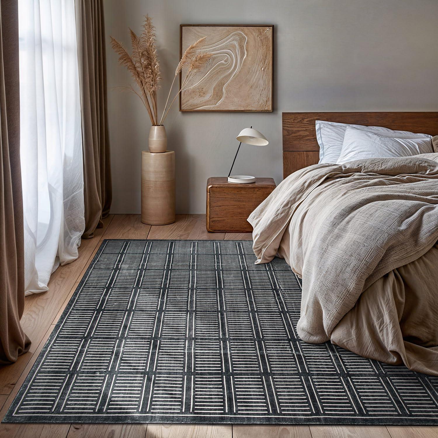 imageRugshop Bohemian Stripe Lines Washable Non Slip Area Rug 5 x 7 IvoryBlack