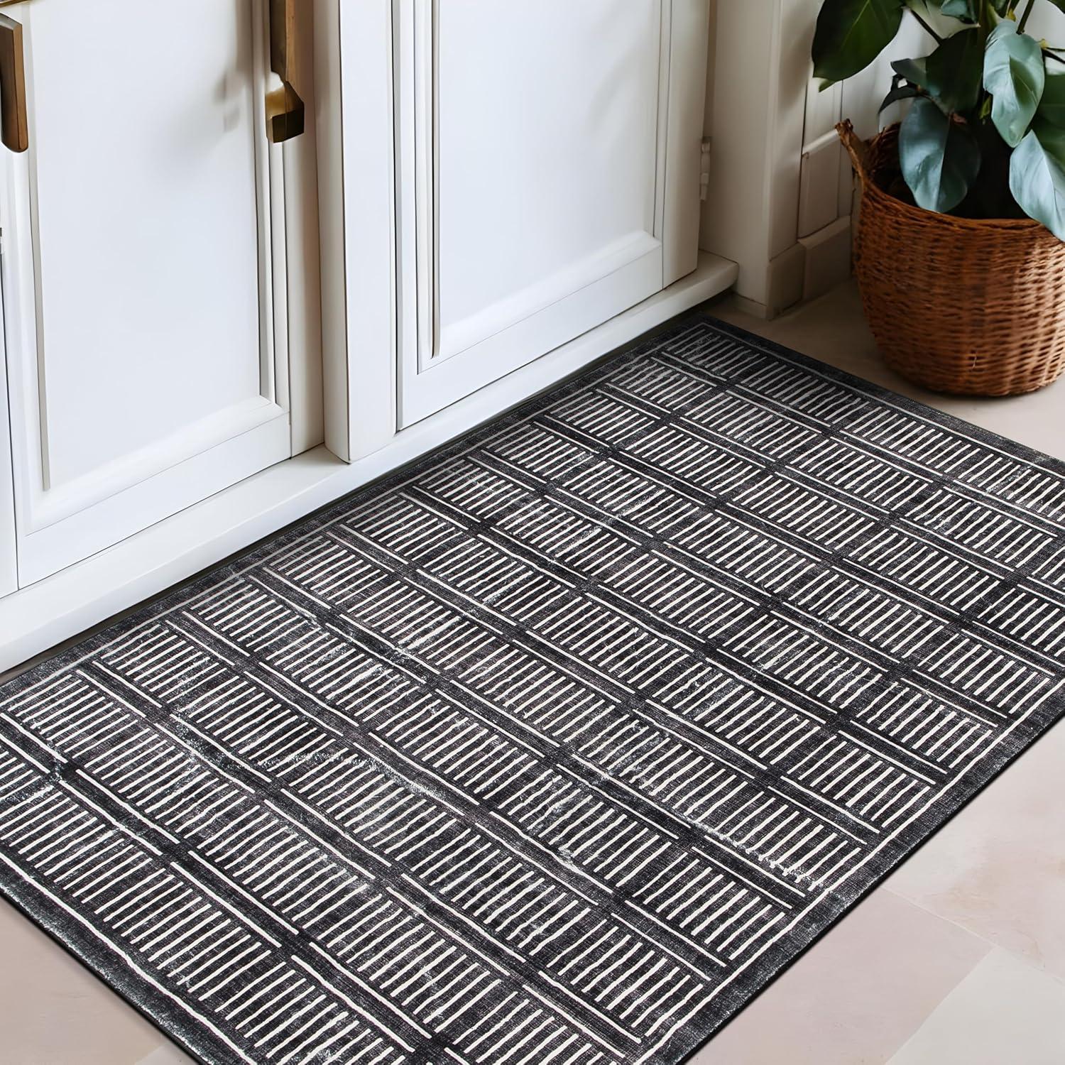 imageRugshop Bohemian Stripe Lines Washable Non Slip Area Rug 5 x 7 IvoryBlack