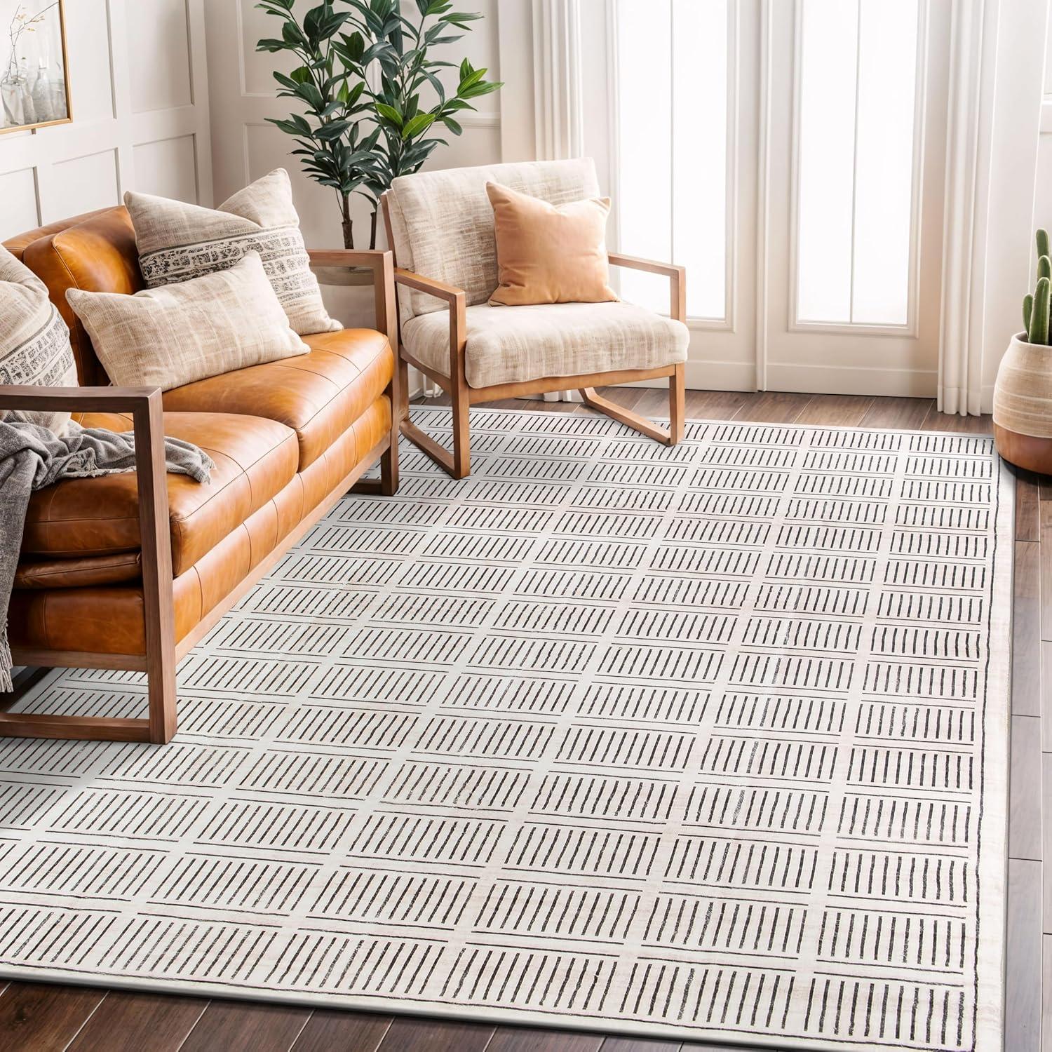 imageRugshop Bohemian Stripe Lines Washable Non Slip Area Rug 5 x 7 IvoryIvory