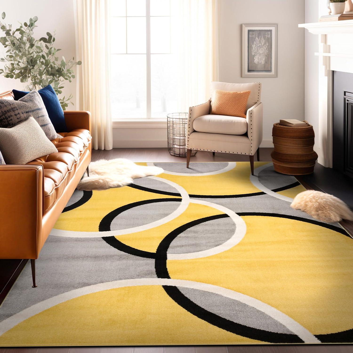 imageRugshop Contemporary Abstract Circles Area Rug FadeResistant Carpet for Living Room Bedroom or Home Office Yellow 53quot x 73quotYellow