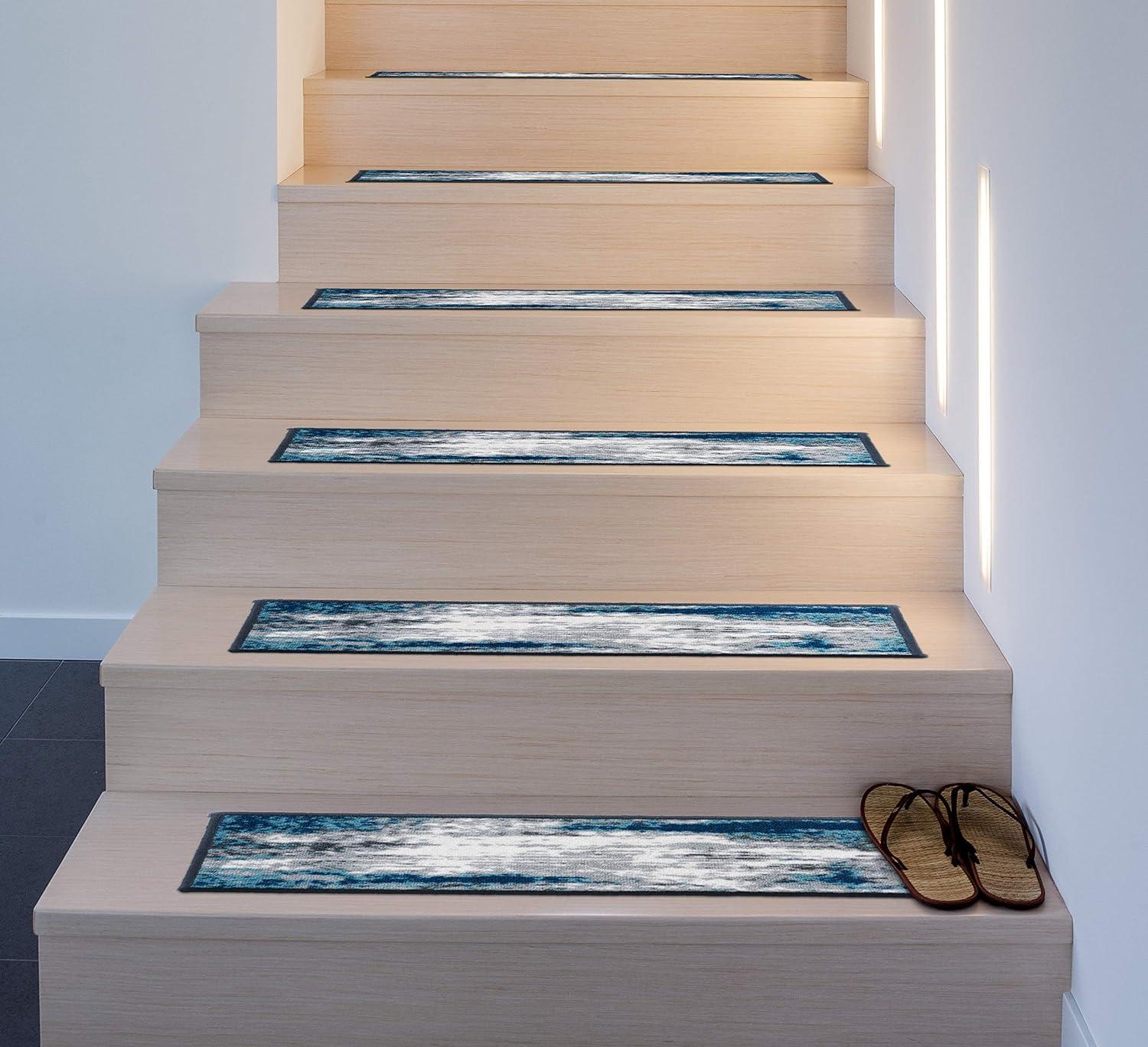 imageRugshop Contemporary Abstract NonSlip Stair Treads Set of 13 86quot x 26quot BlueBlue