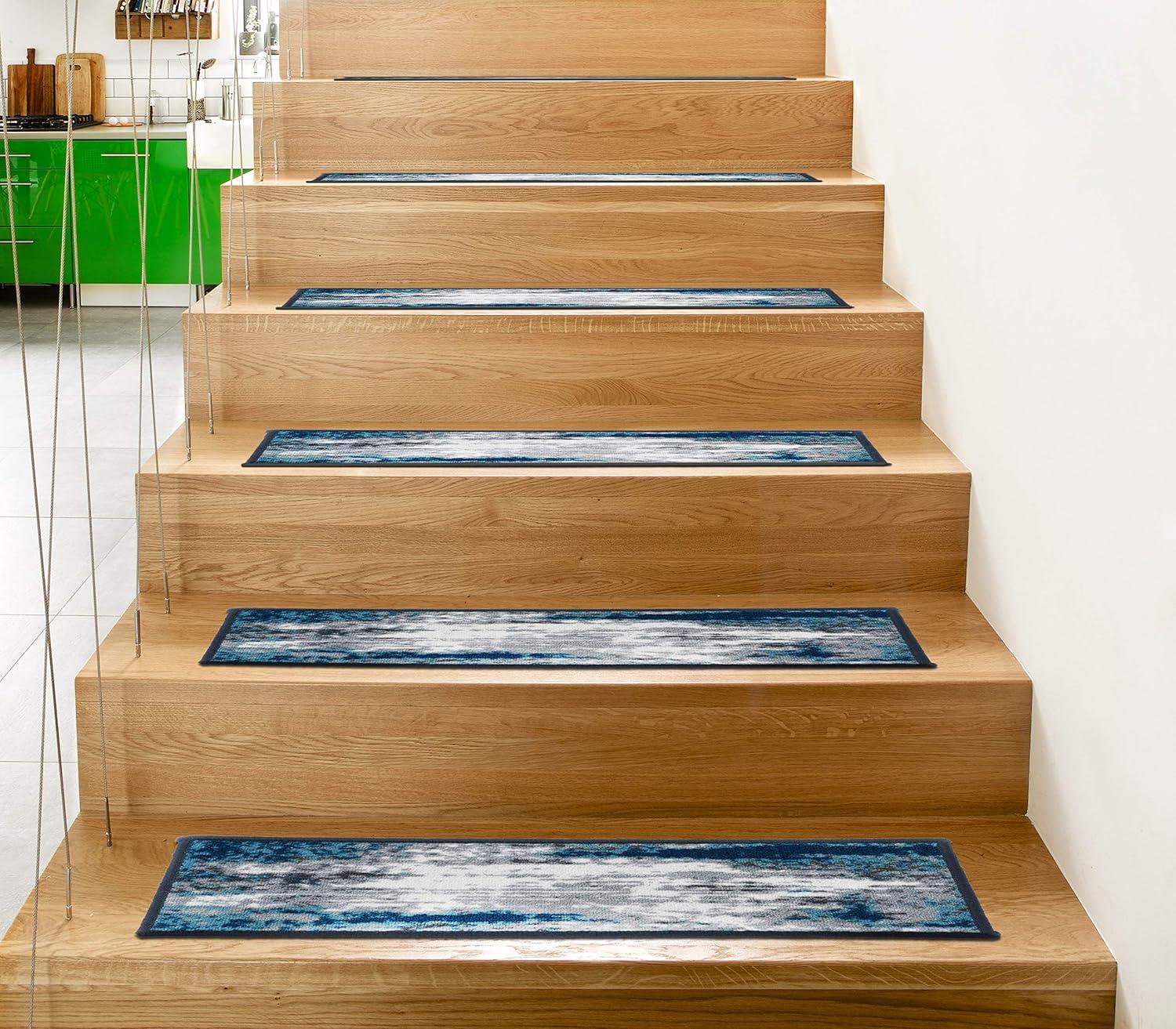 imageRugshop Contemporary Abstract NonSlip Stair Treads Set of 13 86quot x 26quot BlueBlue