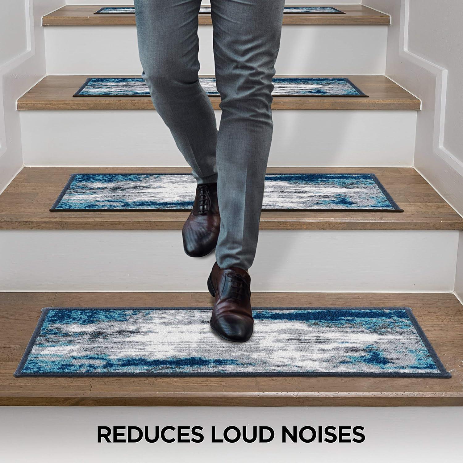 imageRugshop Contemporary Abstract NonSlip Stair Treads Set of 13 86quot x 26quot BlueBlue