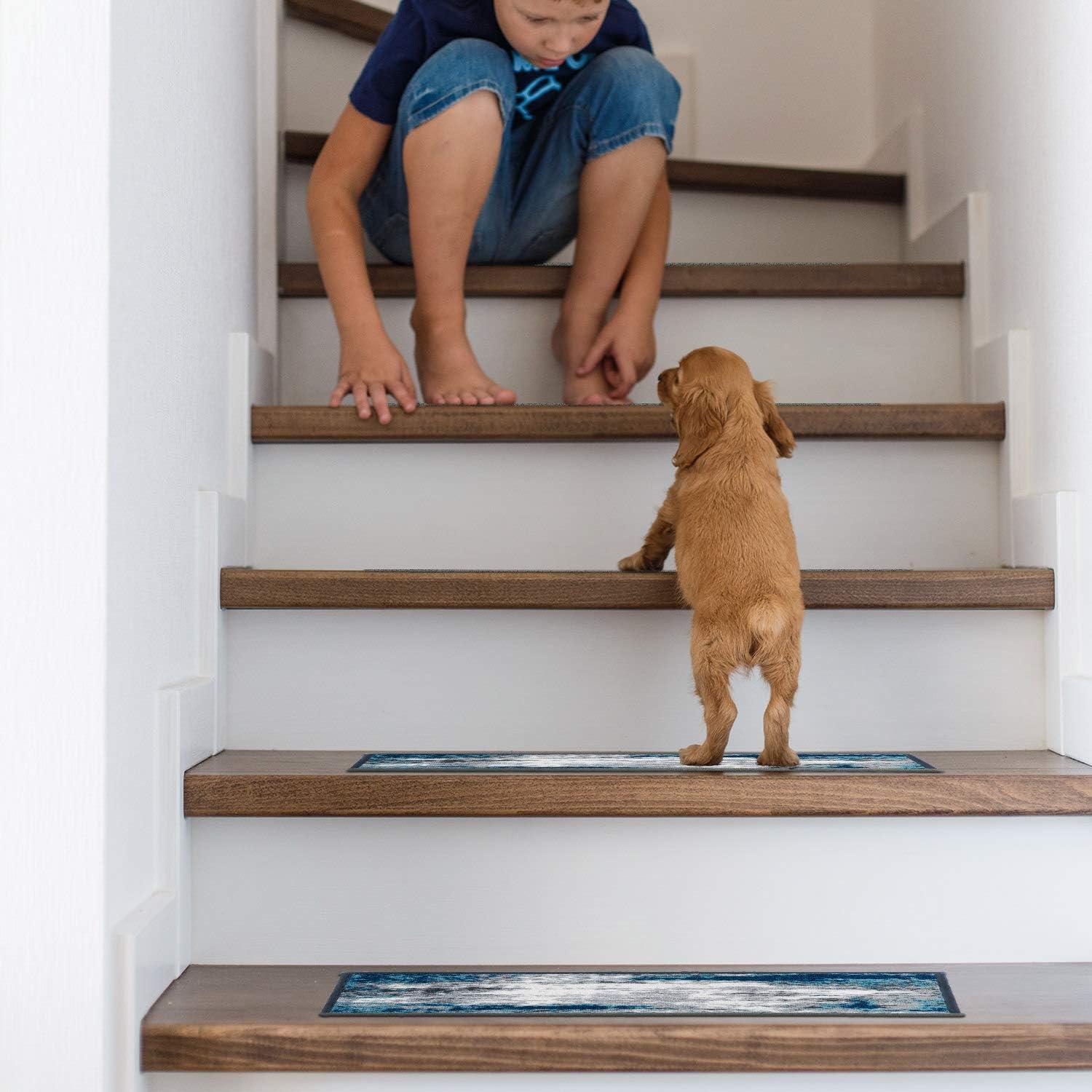 imageRugshop Contemporary Abstract NonSlip Stair Treads Set of 13 86quot x 26quot BlueBlue