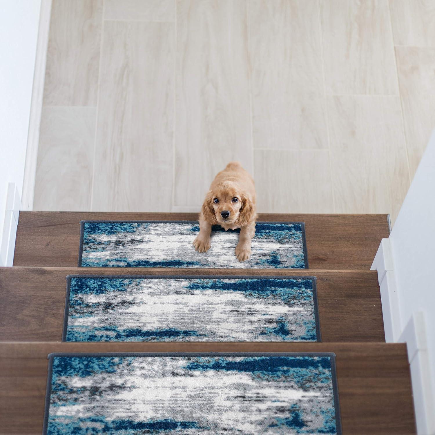 imageRugshop Contemporary Abstract NonSlip Stair Treads Set of 13 86quot x 26quot BlueBlue