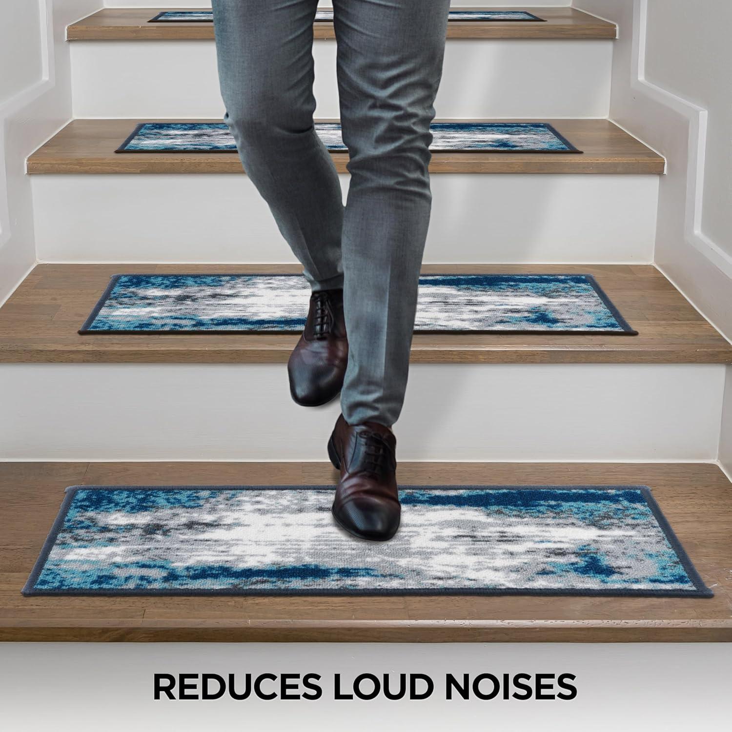 imageRugshop Contemporary Abstract NonSlip Stair Treads Set of 13 86quot x 26quot BlueBlue