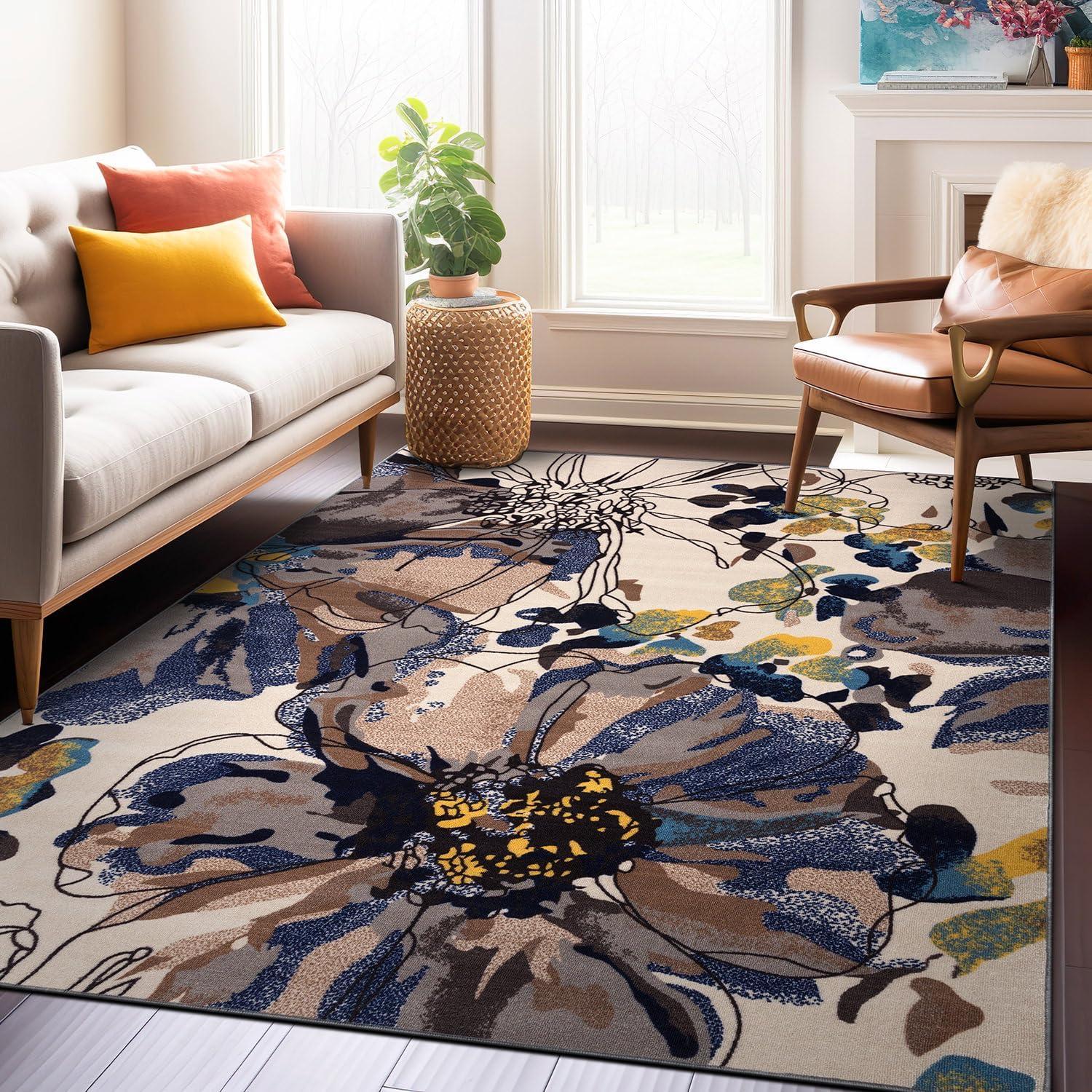 imageRugshop Contemporary GrayBlue Large Floral NonSlip Area Rug 5 x 7 Stylish AccentCream