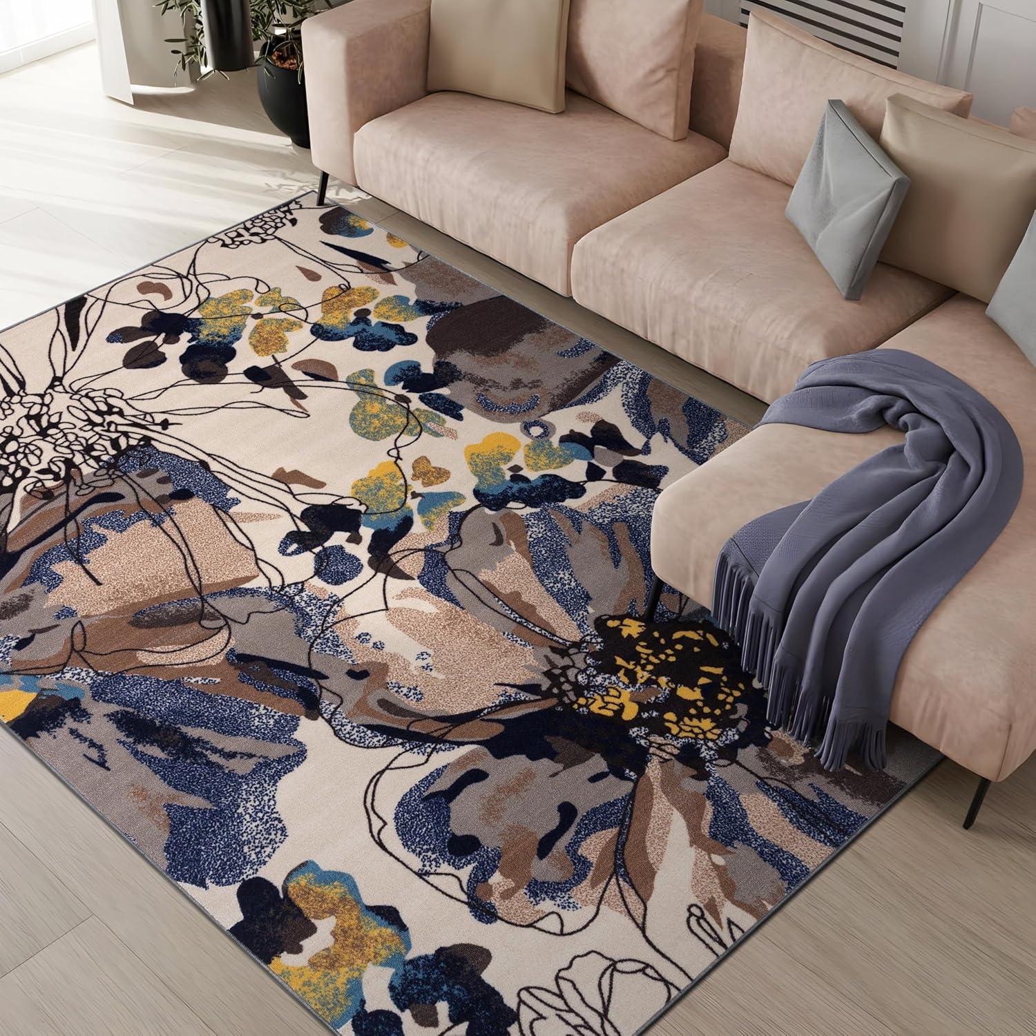 imageRugshop Contemporary GrayBlue Large Floral NonSlip Area Rug 5 x 7 Stylish AccentCream
