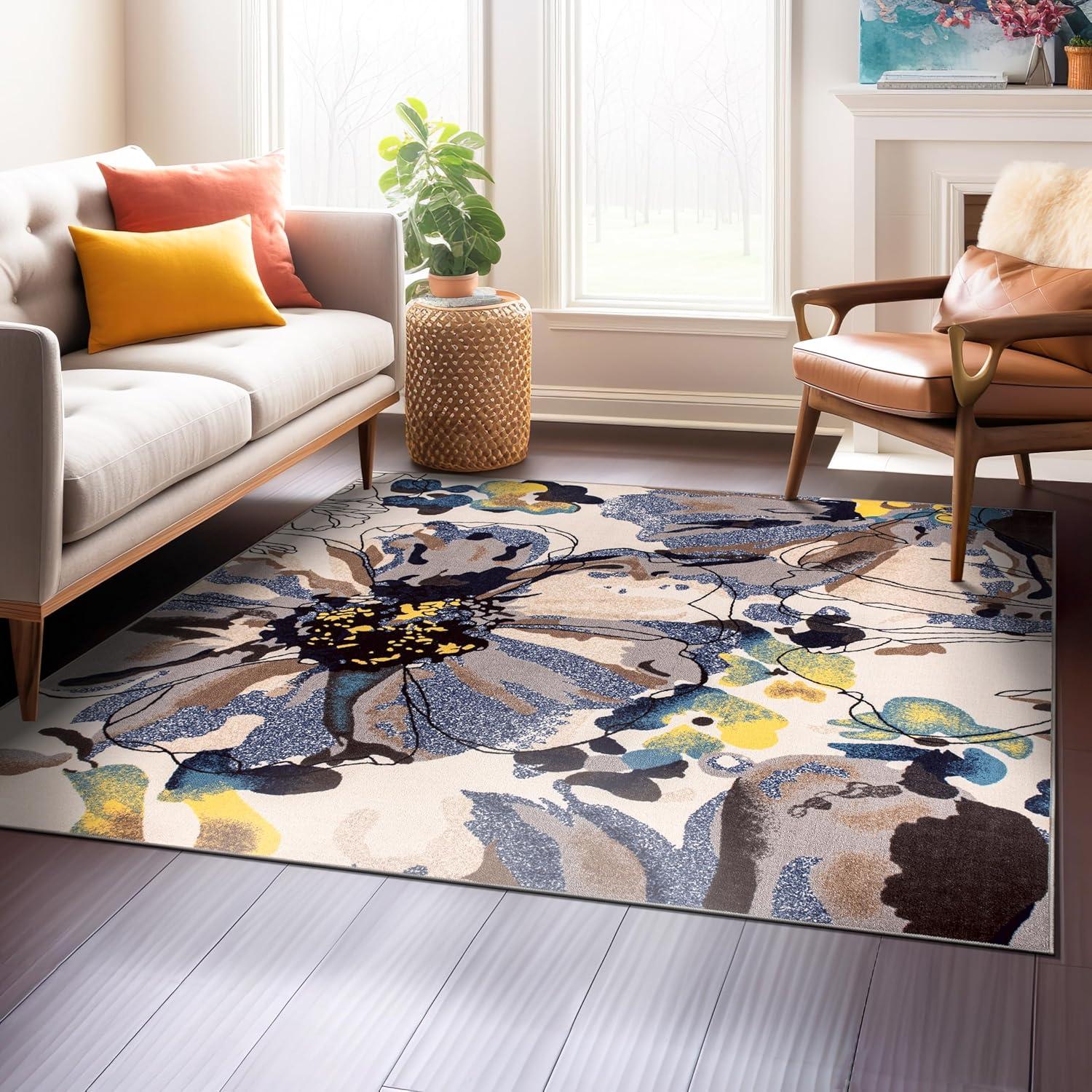imageRugshop Contemporary GrayBlue Large Floral NonSlip Area Rug 5 x 7 Stylish AccentCream