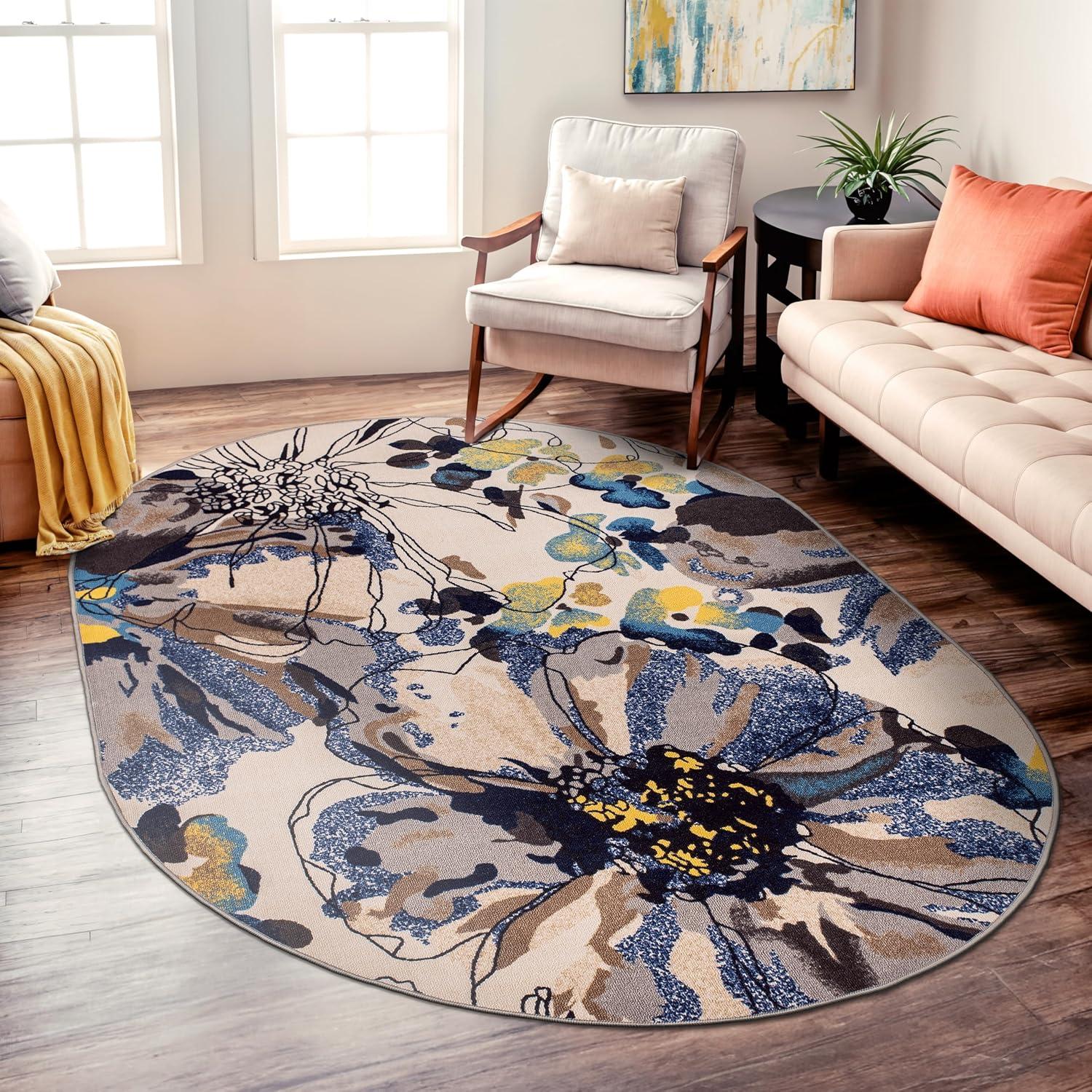 imageRugshop Contemporary GrayBlue Large Floral NonSlip Area Rug 5 x 7 Stylish AccentCream