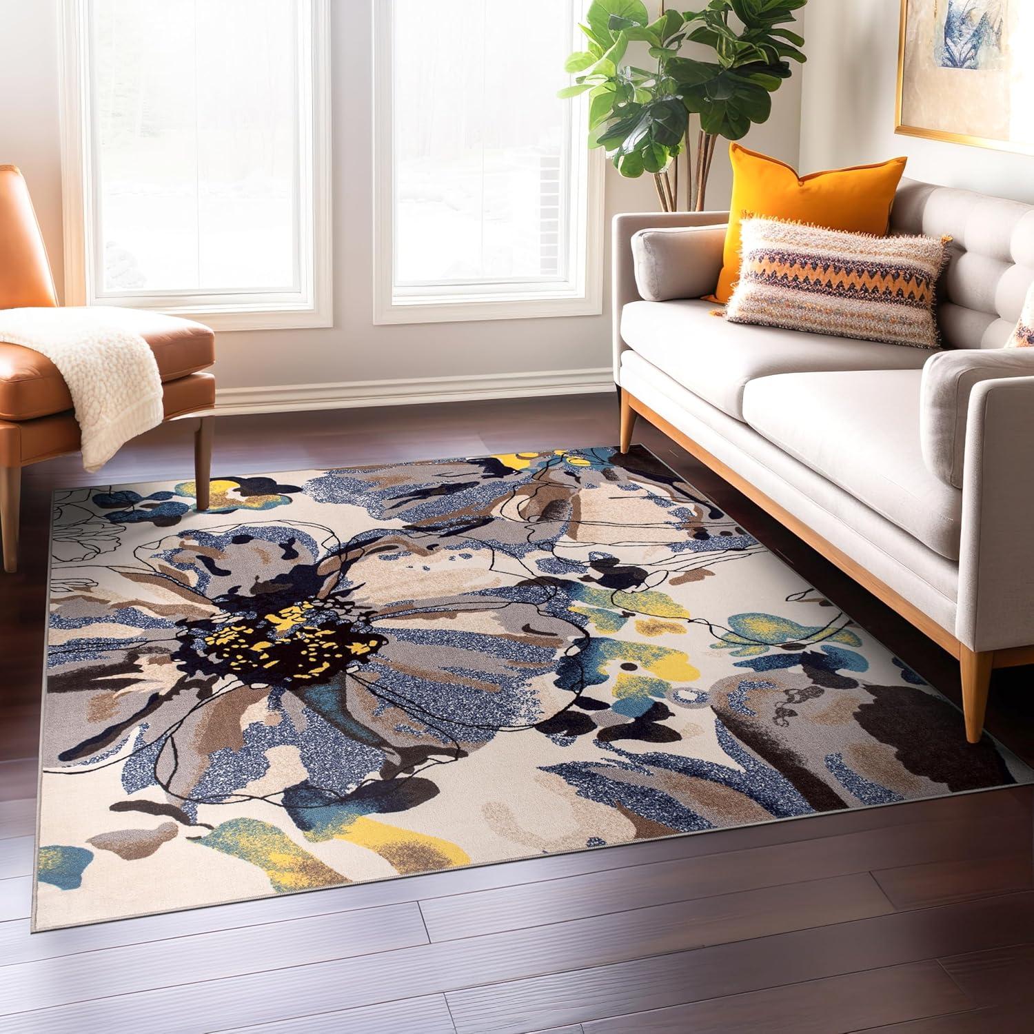 imageRugshop Contemporary GrayBlue Large Floral NonSlip Area Rug 5 x 7 Stylish AccentCream