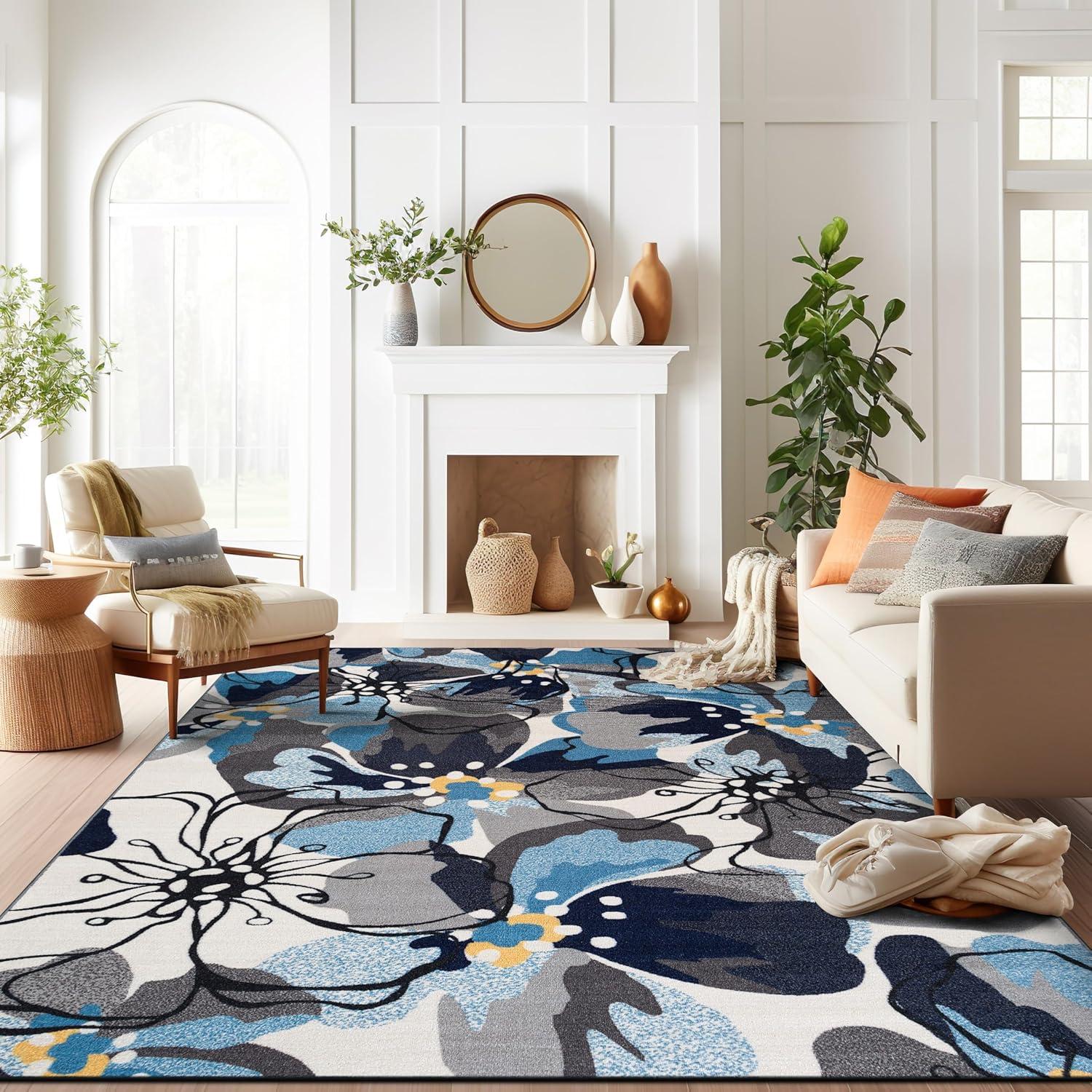 imageRugshop Contemporary GrayBlue Large Floral NonSlip Area Rug 5 x 7 Stylish AccentGrey