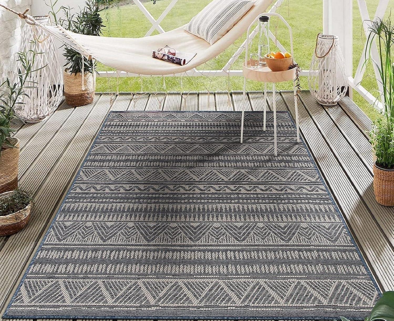 imageRugshop Geometric Bohemian Indoor Outdoor Rug Bohemian Area RugOutdoor Rug Deck Rugs NonShedding Balcony Rugs Boho Patio Rug 5 x 7 BlueBlue