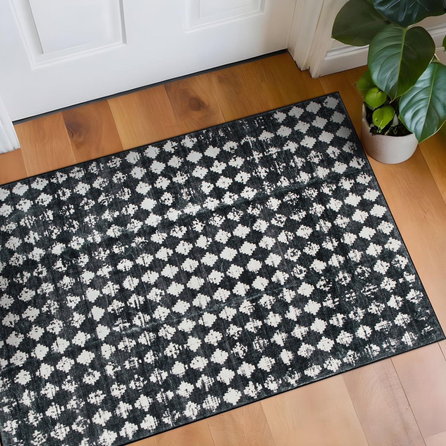 imageRugshop Geometric Distressed Abstract Washable Non Slip Area Rug 5 x 7 IvoryBlack