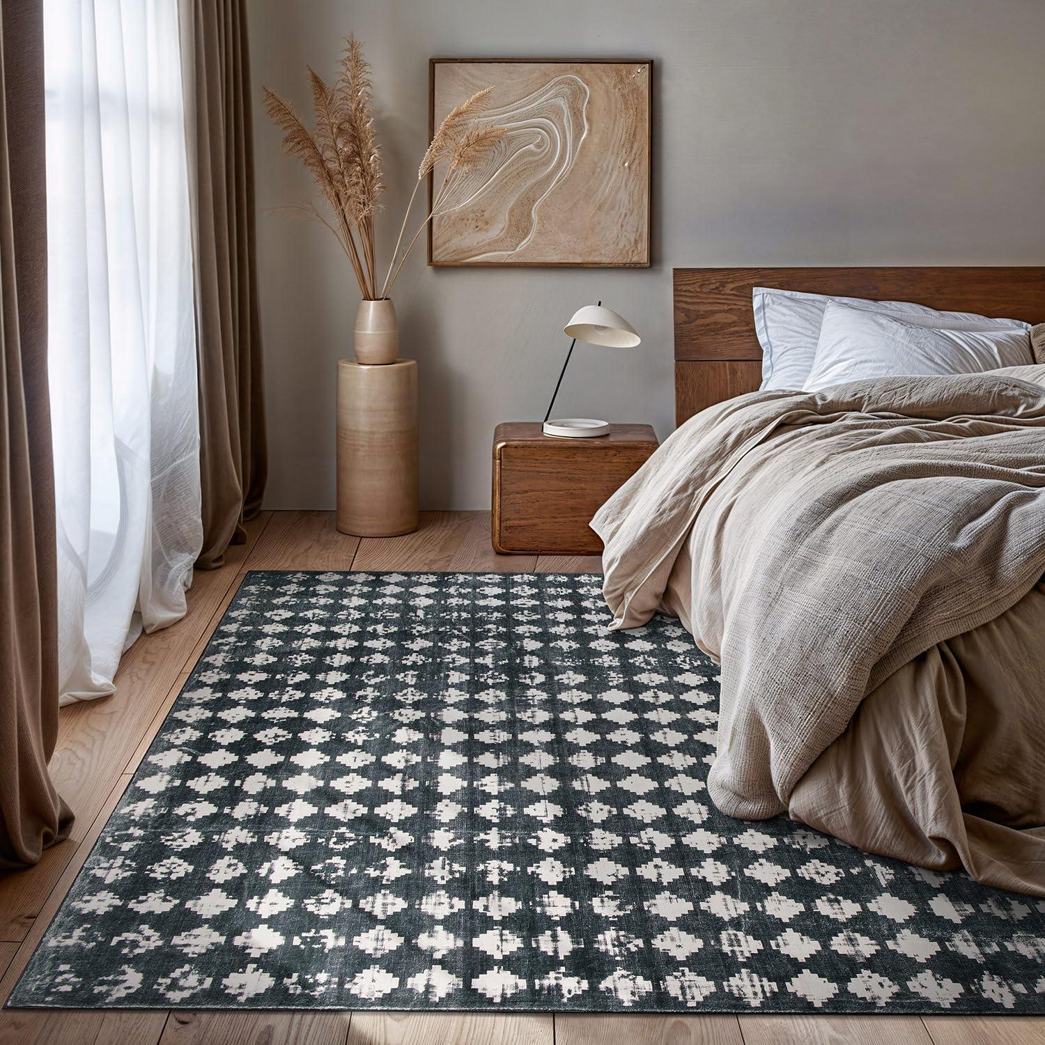 imageRugshop Geometric Distressed Abstract Washable Non Slip Area Rug 5 x 7 IvoryBlack