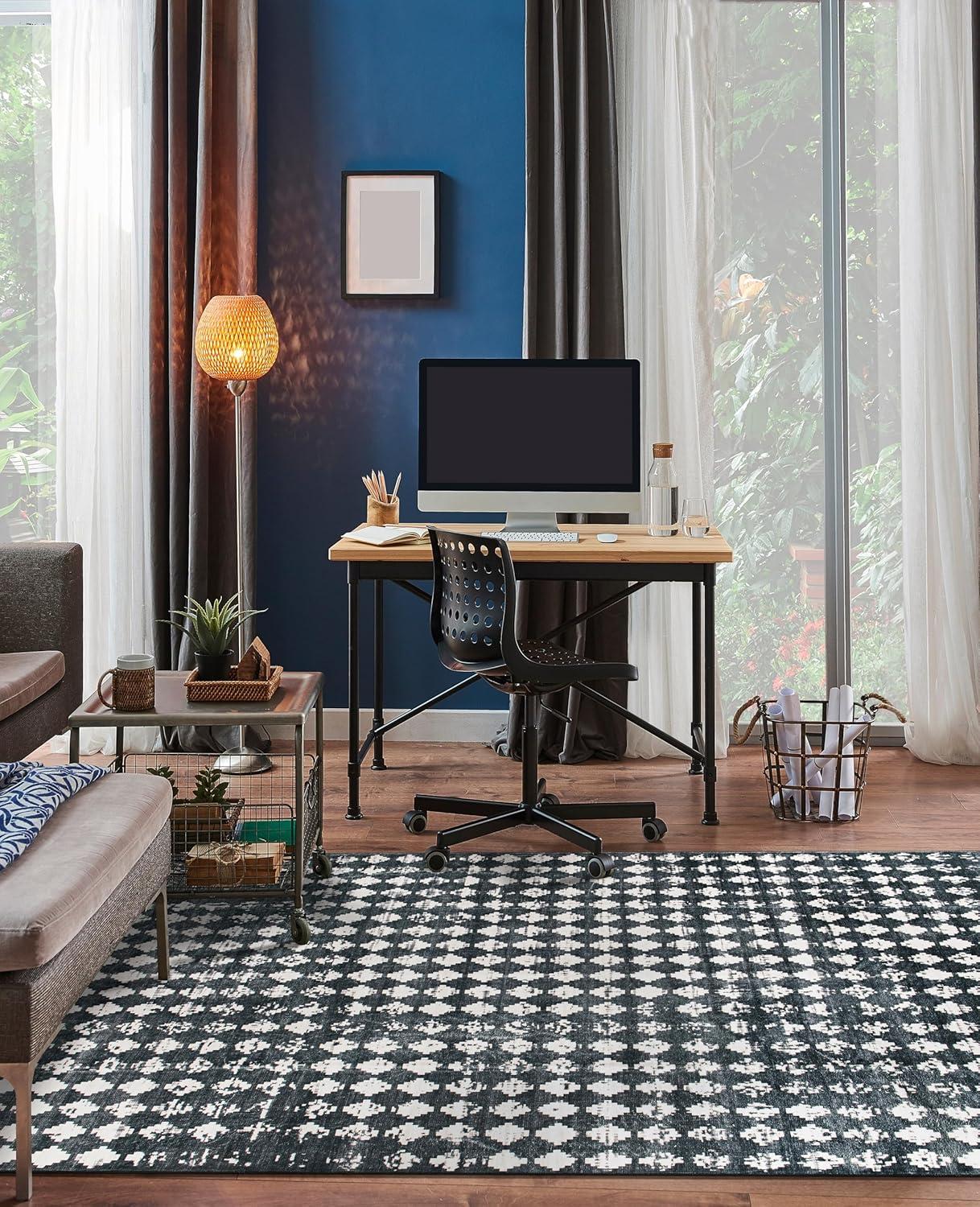 imageRugshop Geometric Distressed Abstract Washable Non Slip Area Rug 5 x 7 IvoryBlack