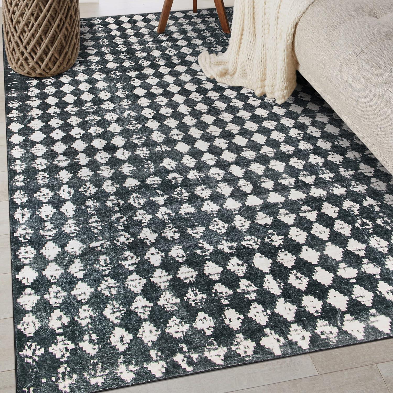 imageRugshop Geometric Distressed Abstract Washable Non Slip Area Rug 5 x 7 IvoryBlack