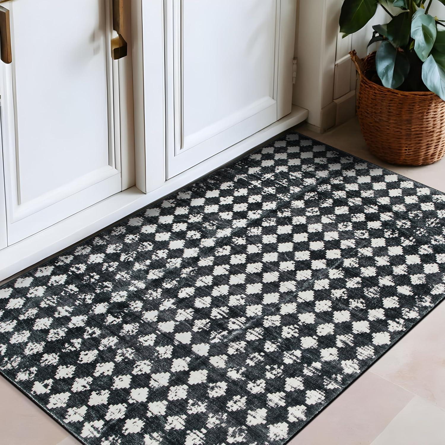 imageRugshop Geometric Distressed Abstract Washable Non Slip Area Rug 5 x 7 IvoryBlack