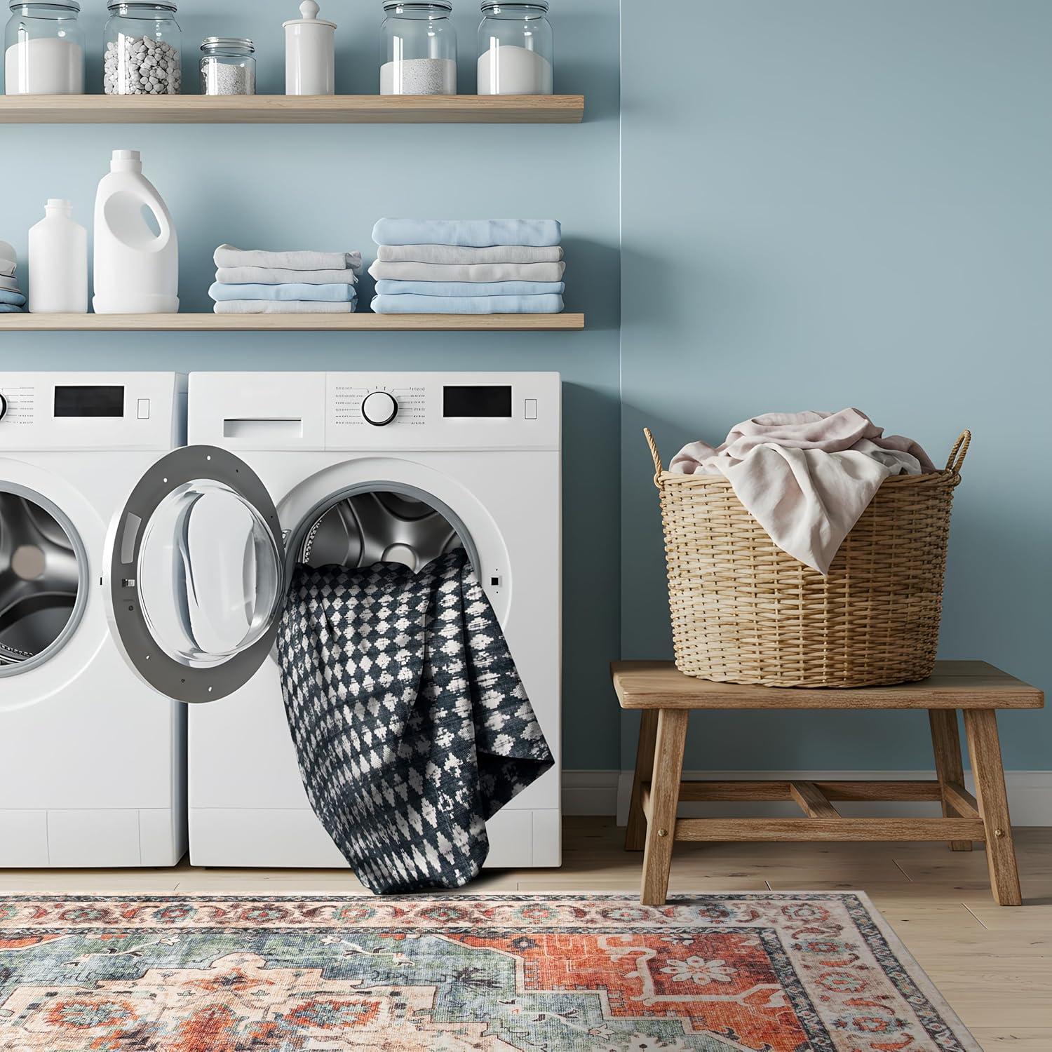 imageRugshop Geometric Distressed Abstract Washable Non Slip Area Rug 5 x 7 IvoryBlack