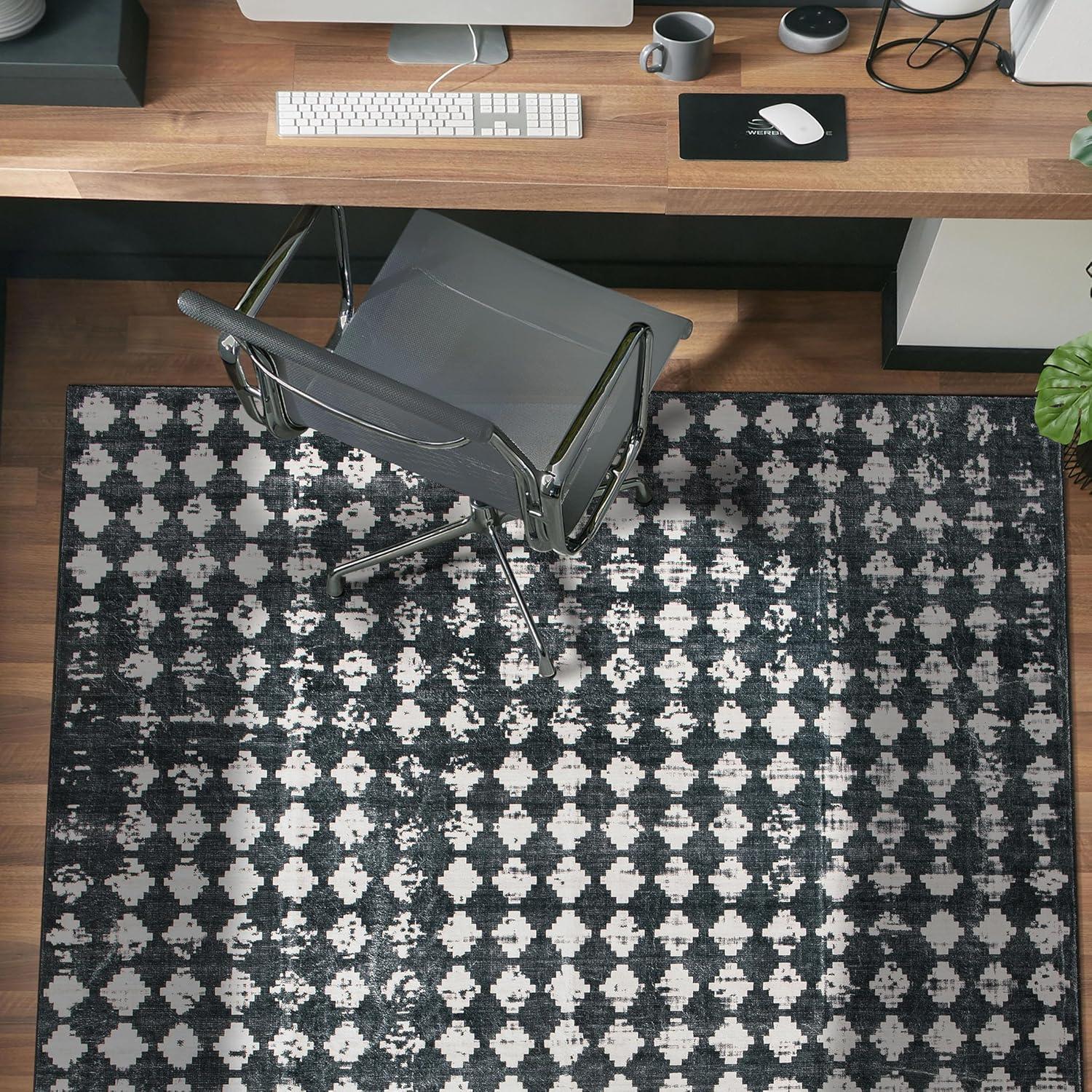 imageRugshop Geometric Distressed Abstract Washable Non Slip Area Rug 5 x 7 IvoryBlack