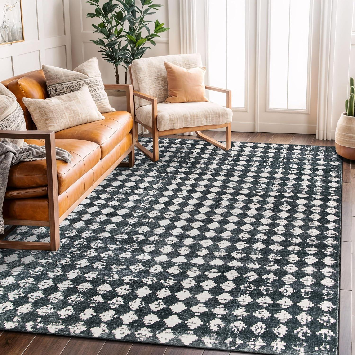 imageRugshop Geometric Distressed Abstract Washable Non Slip Area Rug 5 x 7 IvoryBlack