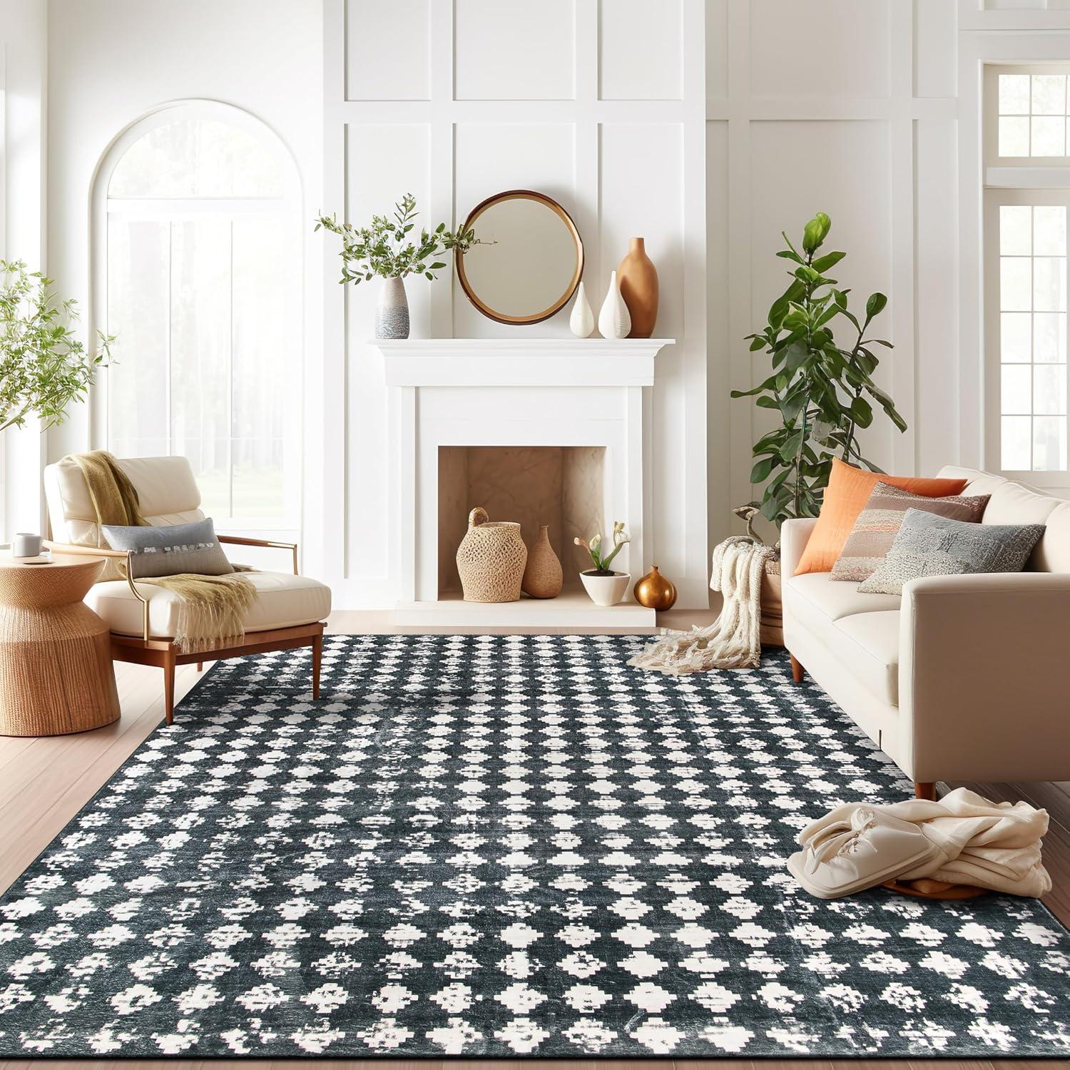 imageRugshop Geometric Distressed Abstract Washable Non Slip Area Rug 5 x 7 IvoryBlack