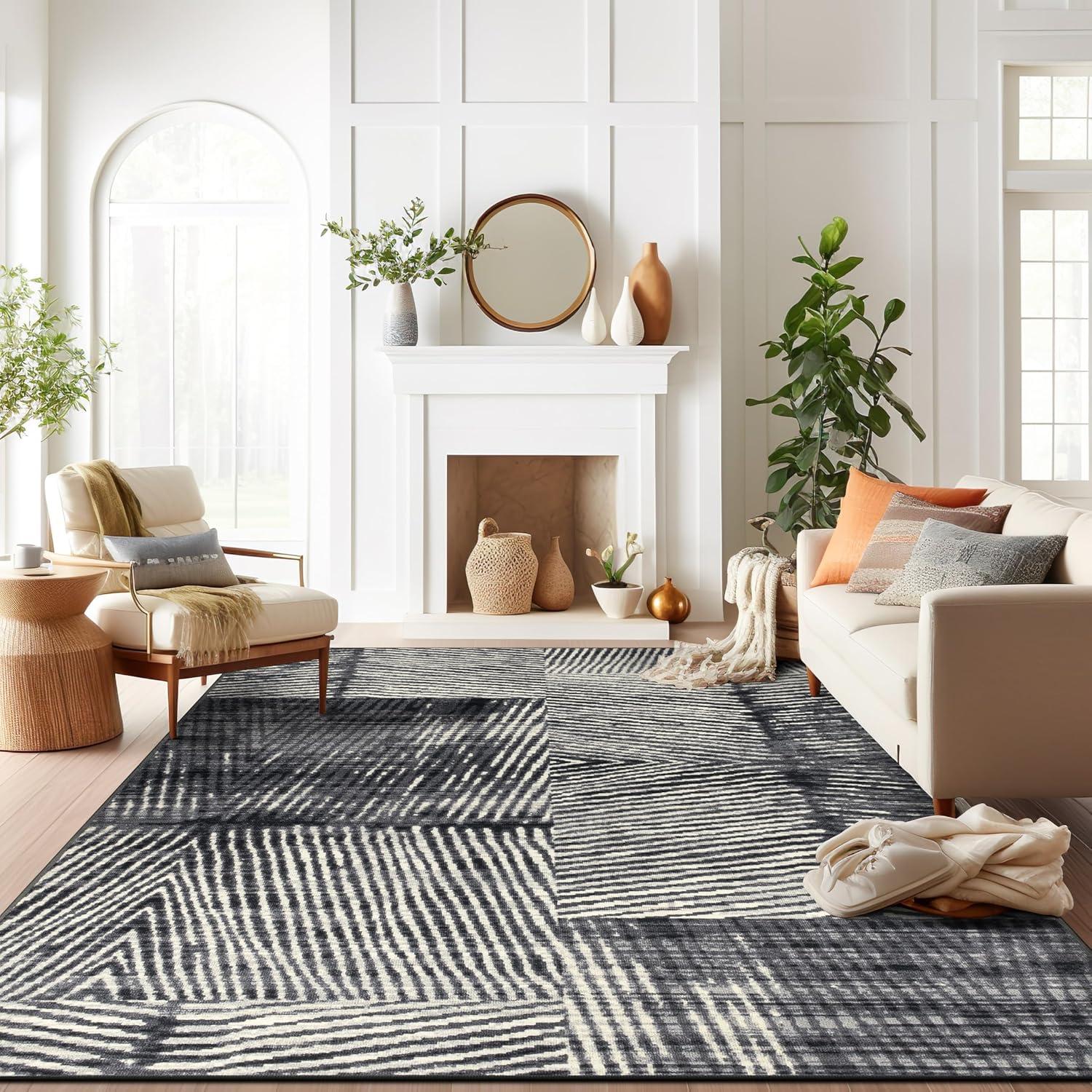 imageRugshop Geometric Stripe Distressed High Traffic Living RoomBedroomKitchen Home Office Non Slip Area Rug 5 x 7 GrayGrey