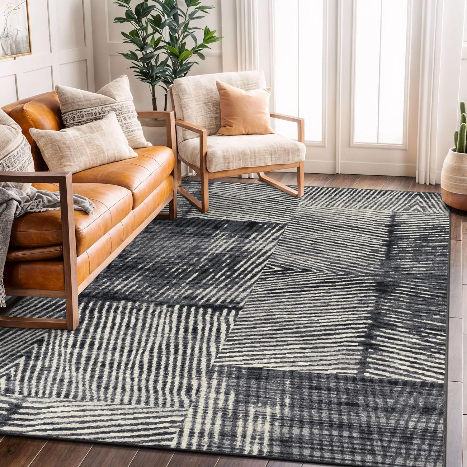 imageRugshop Geometric Stripe Distressed High Traffic Living RoomBedroomKitchen Home Office Non Slip Area Rug 5 x 7 GrayGrey