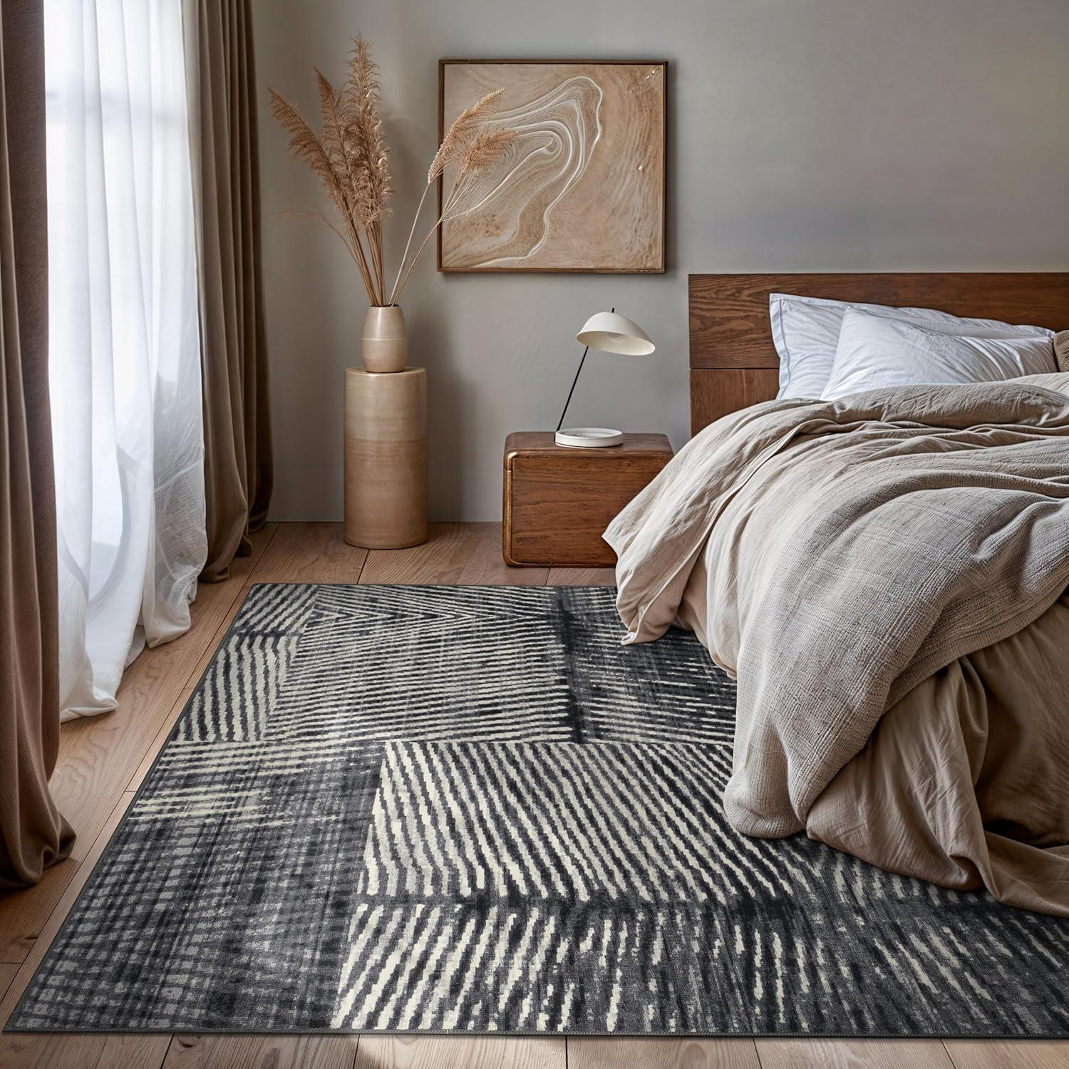 imageRugshop Geometric Stripe Distressed High Traffic Living RoomBedroomKitchen Home Office Non Slip Area Rug 5 x 7 GrayGrey