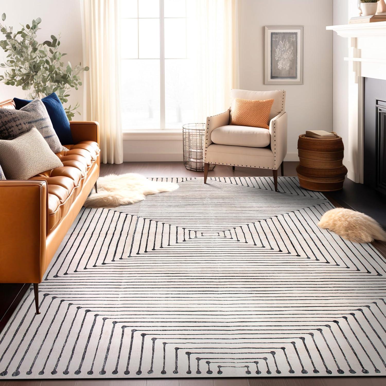 imageRugshop Marbella Bohemian Stripes Washable Non Slip Area Rug 5 x 7 BeigeBeige