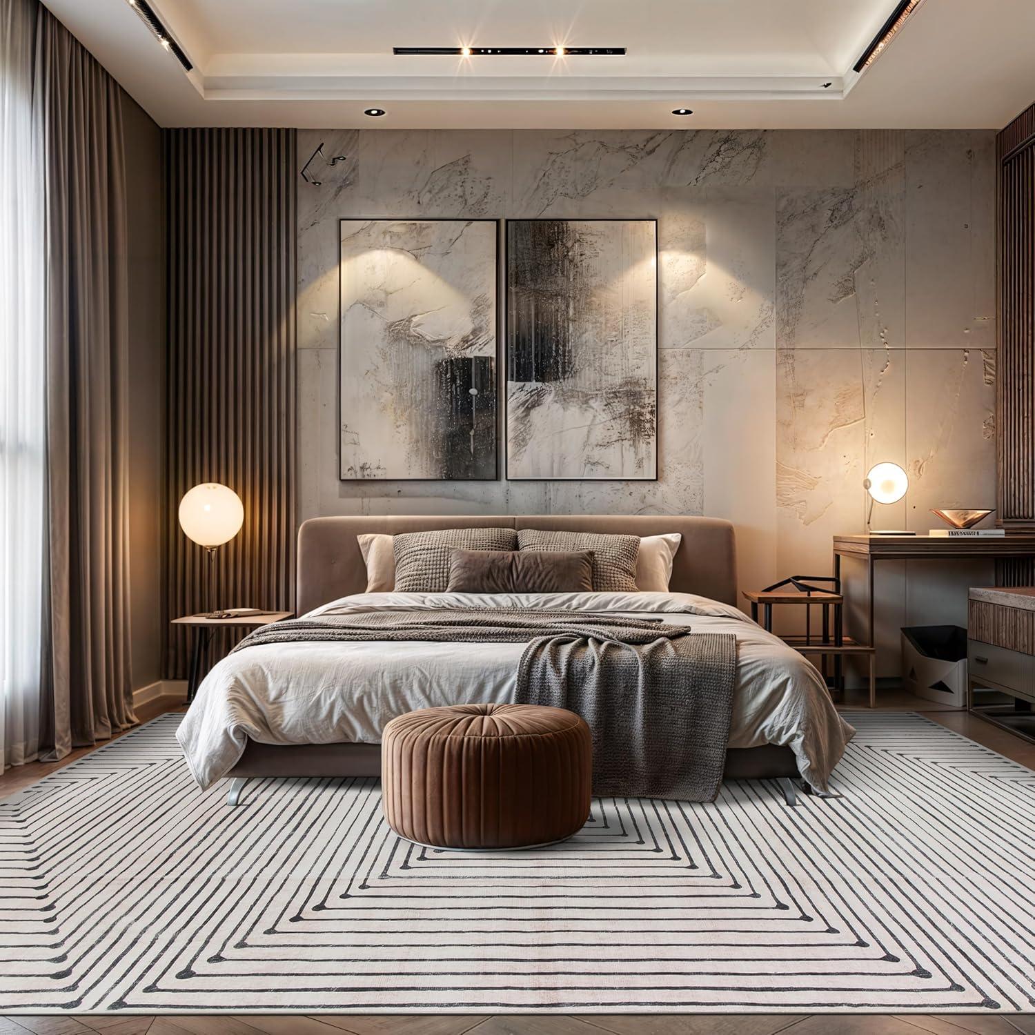 imageRugshop Marbella Bohemian Stripes Washable Non Slip Area Rug 5 x 7 BeigeBeige