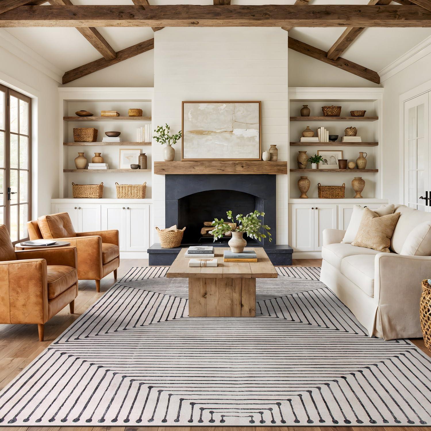 imageRugshop Marbella Bohemian Stripes Washable Non Slip Area Rug 5 x 7 BeigeBeige