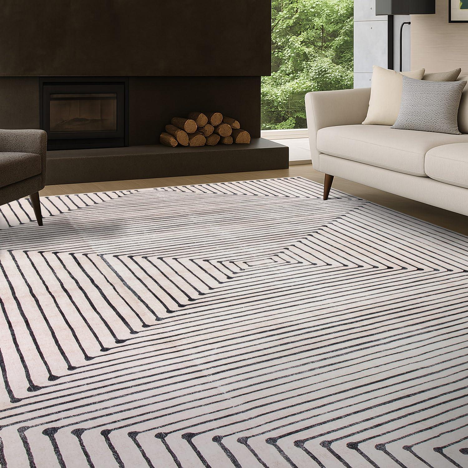 imageRugshop Marbella Bohemian Stripes Washable Non Slip Area Rug 5 x 7 BeigeBeige