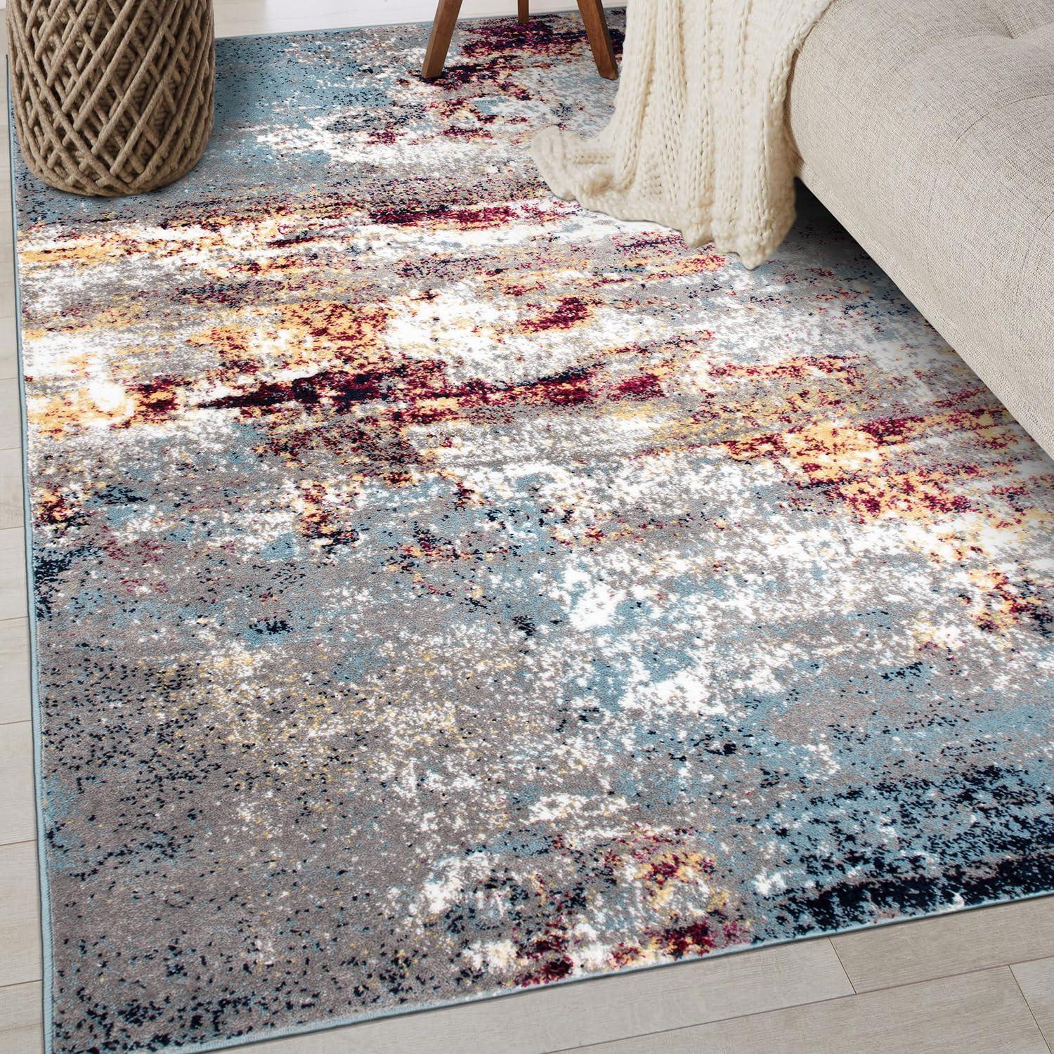 imageRugshop Modern Distressed Blue Abstract Area Rug Bohemian Inspired Watercolor for Living Room Bedroom and Dining Room 5 x 7Multi Color