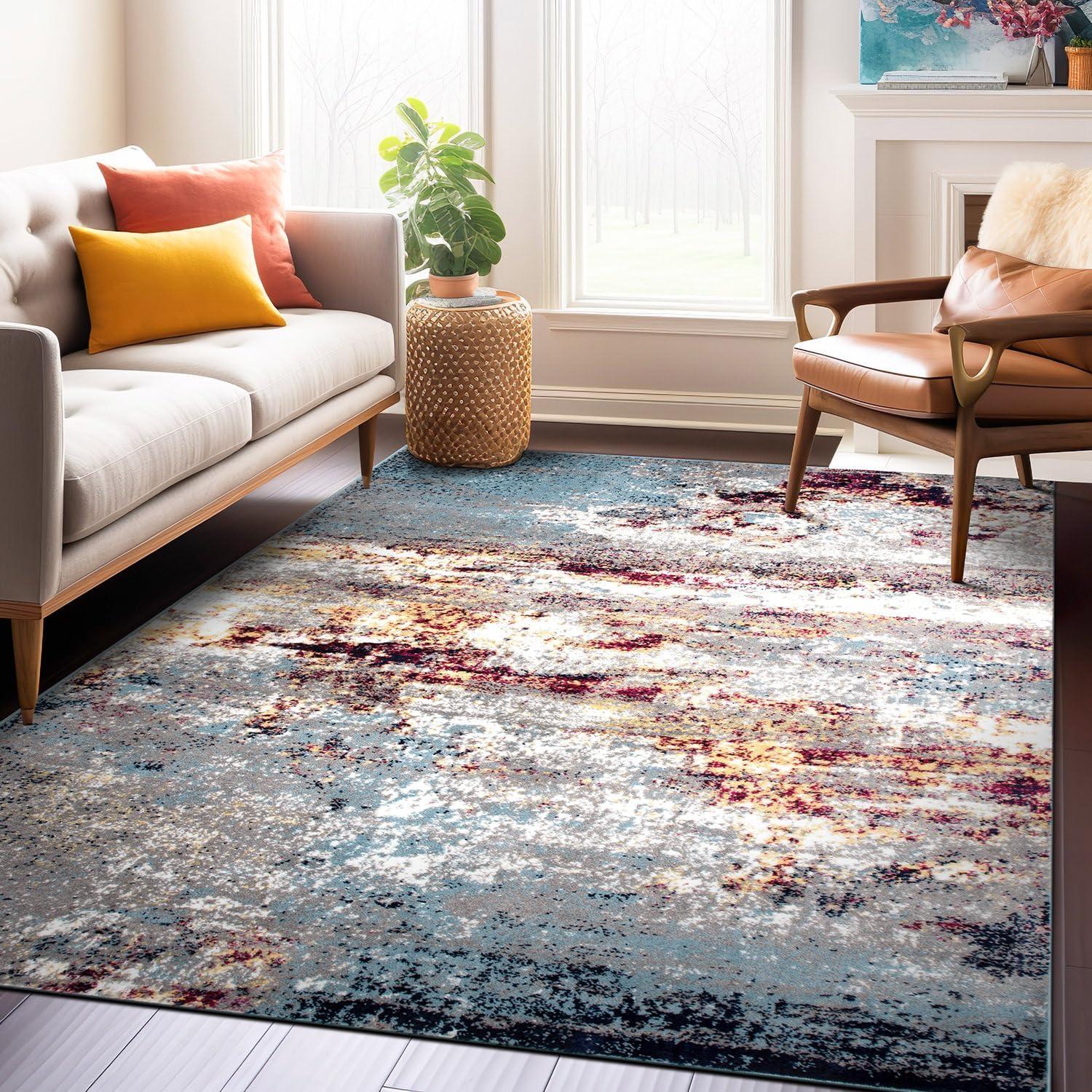 imageRugshop Modern Distressed Blue Abstract Area Rug Bohemian Inspired Watercolor for Living Room Bedroom and Dining Room 5 x 7Multi Color