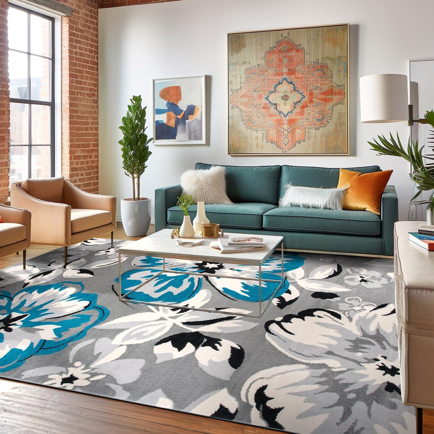 imageRugshop Modern Floral Design for Living RoomBedroomHome OfficeKitchen Non Shedding Area Rug 5 X 7 CreamBlue