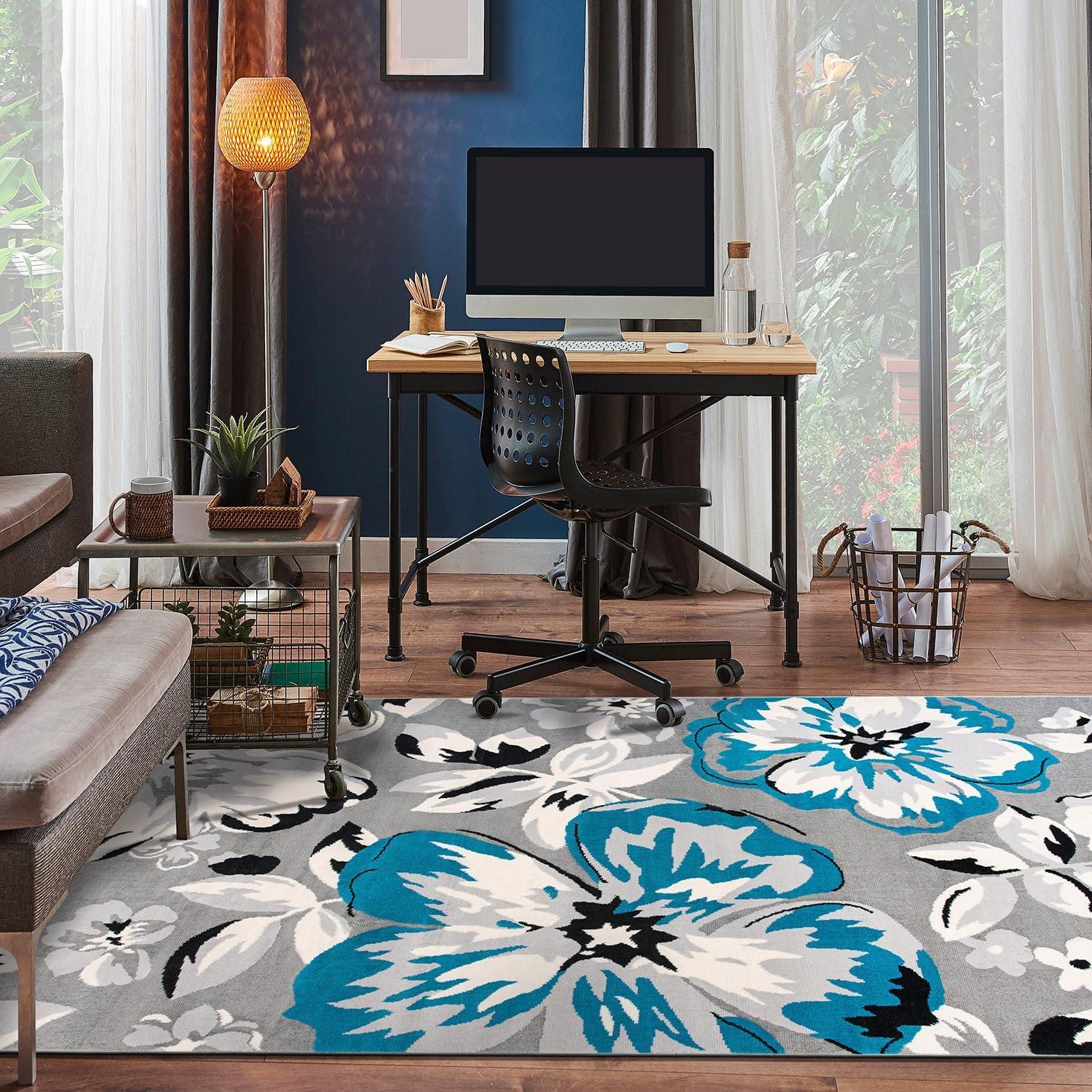 imageRugshop Modern Floral Design for Living RoomBedroomHome OfficeKitchen Non Shedding Area Rug 5 X 7 CreamBlue