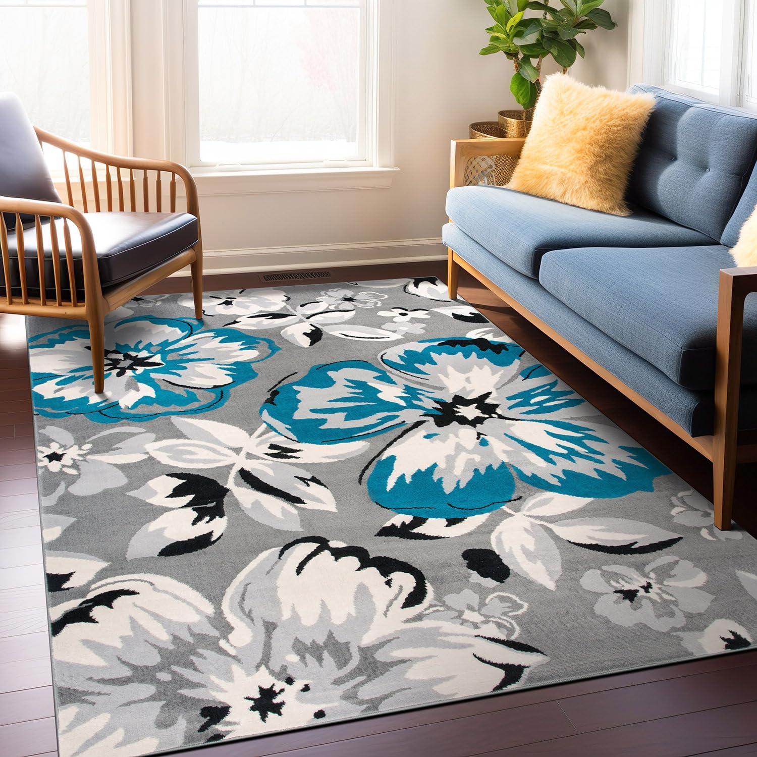 imageRugshop Modern Floral Design for Living RoomBedroomHome OfficeKitchen Non Shedding Area Rug 5 X 7 CreamBlue