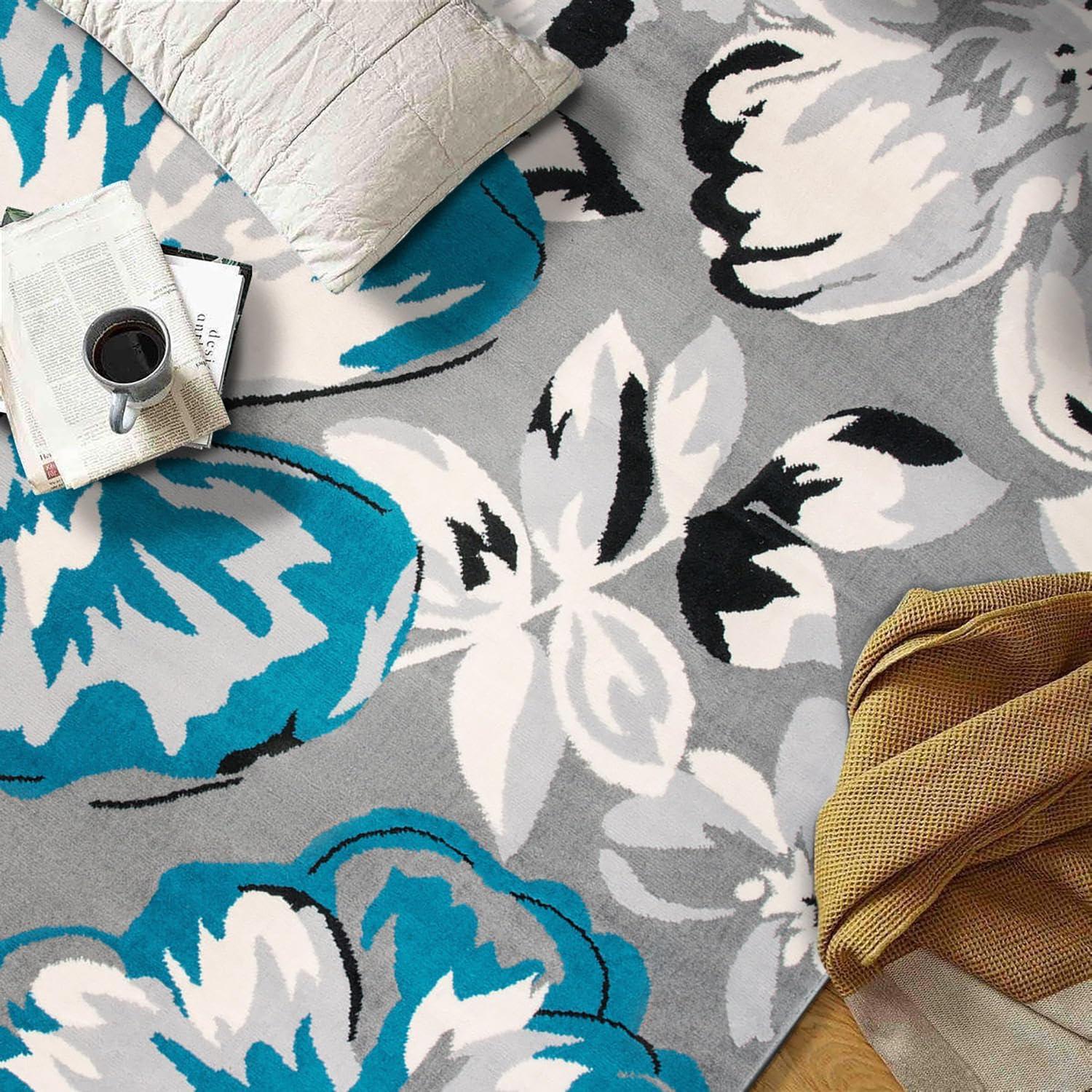 imageRugshop Modern Floral Design for Living RoomBedroomHome OfficeKitchen Non Shedding Area Rug 5 X 7 CreamBlue